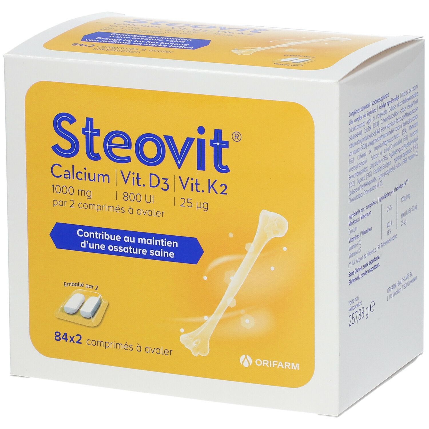 Steovit Calcium Vit. D3 Vit. K2. Boîte de 84x2 comprimés. Contient 1000 mg de calcium, 800 UI de Vit. D3 et 25 µg de Vit. K2. Pour une ossature saine.