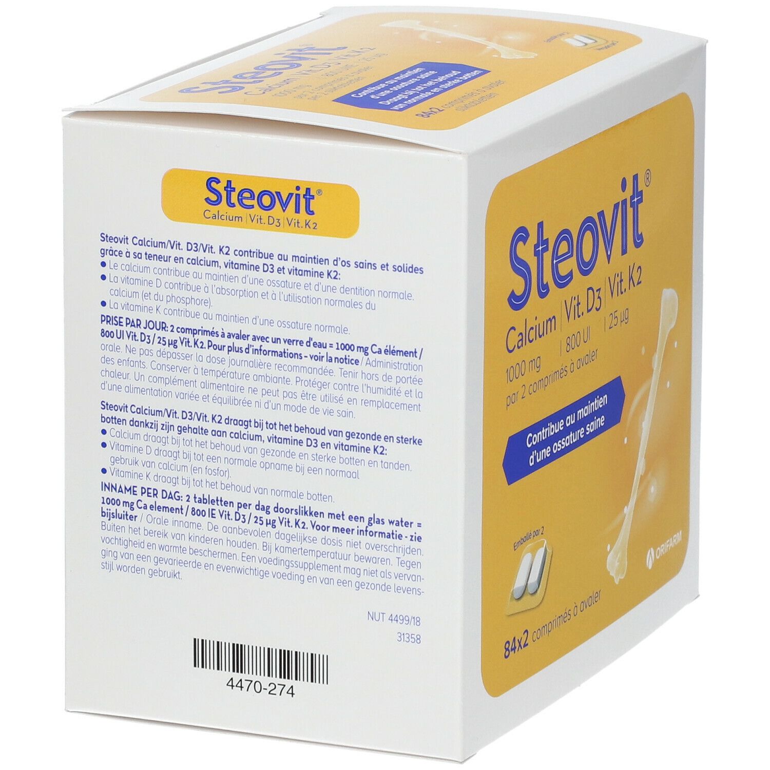 Steovit Calcium Vit. D3 Vit. K2. Boîte de 84x2 comprimés. Informations produit au dos. Contient 1000 mg de calcium, 800 UI de Vit. D3 et 25 µg de Vit. K2.