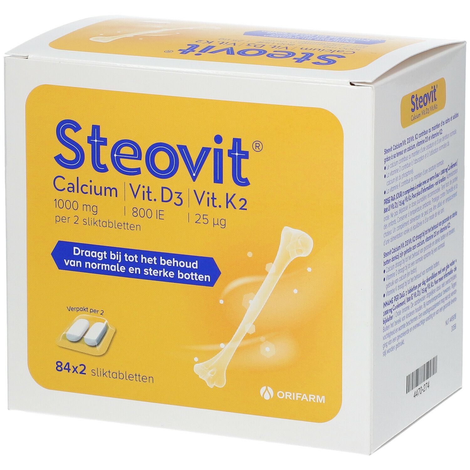 Steovit Calcium Vit. D3 Vit. K2. Boîte de 84x2 comprimés. Contient 1000 mg de calcium, 800 UI de Vit. D3 et 25 µg de Vit. K2. Pour des os normaux et solides.