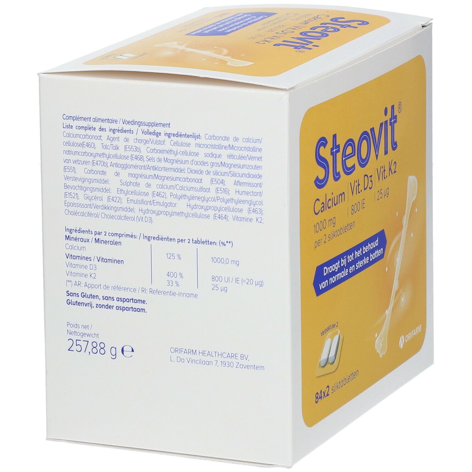 Steovit Calcium Vit. D3 Vit. K2. Boîte de 84x2 comprimés. Ingrédients et informations nutritionnelles au dos. Contient 1000 mg de calcium.