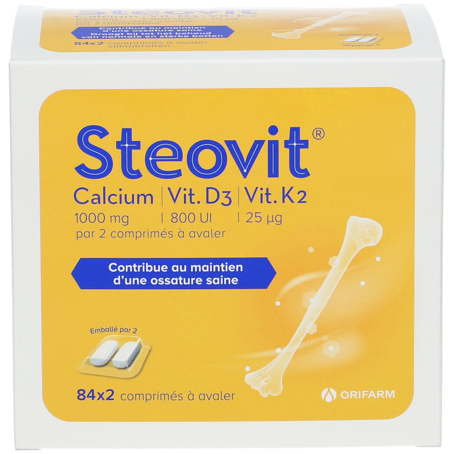 Steovit Calcium Vit. D3 Vit. K2. Boîte de 84x2 comprimés. Contient 1000 mg de calcium, 800 UI de Vit. D3 et 25 µg de Vit. K2. Pour une ossature saine.