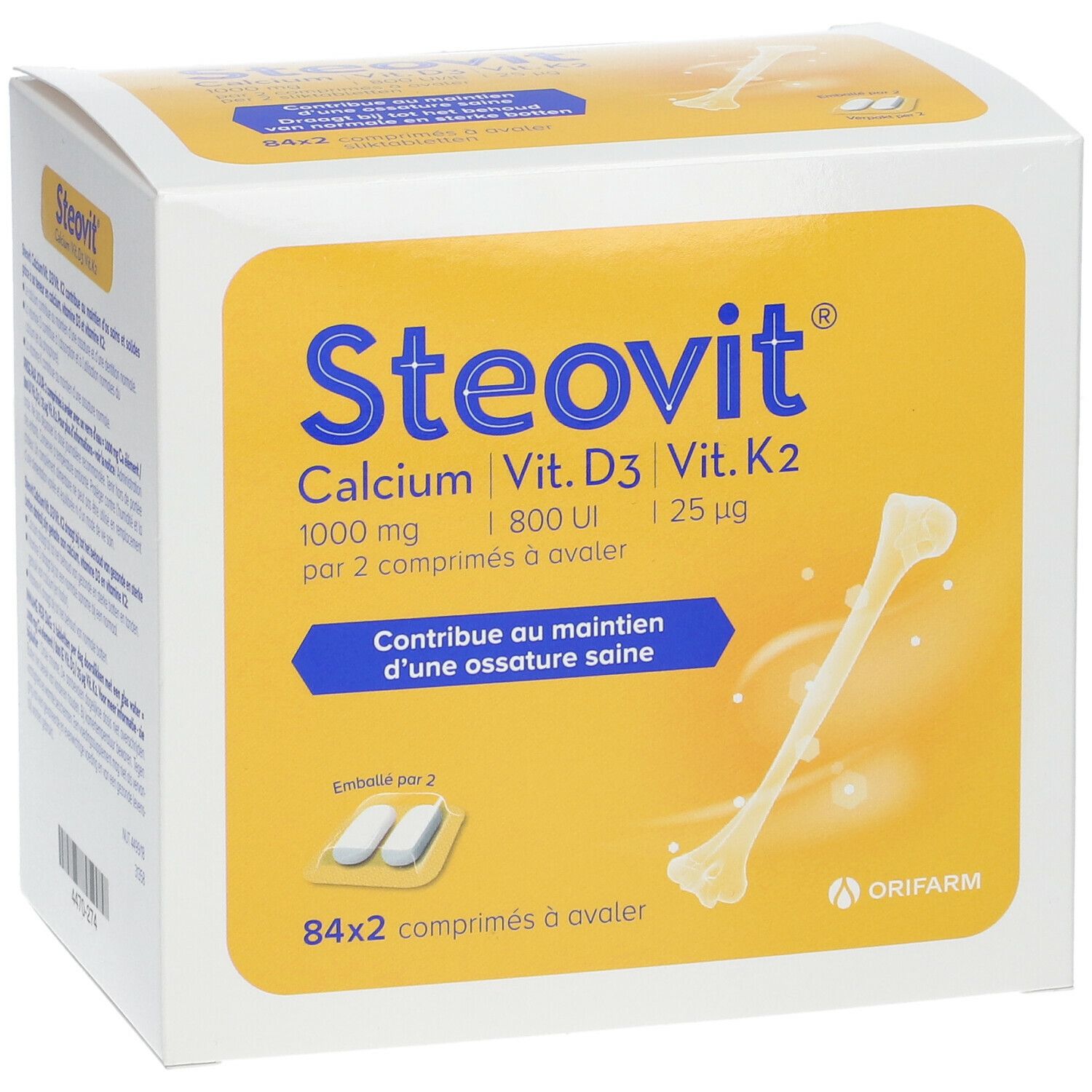Steovit Calcium Vit. D3 Vit. K2. Boîte de 84x2 comprimés. Contient 1000 mg de calcium, 800 UI de Vit. D3 et 25 µg de Vit. K2. Pour une ossature saine.