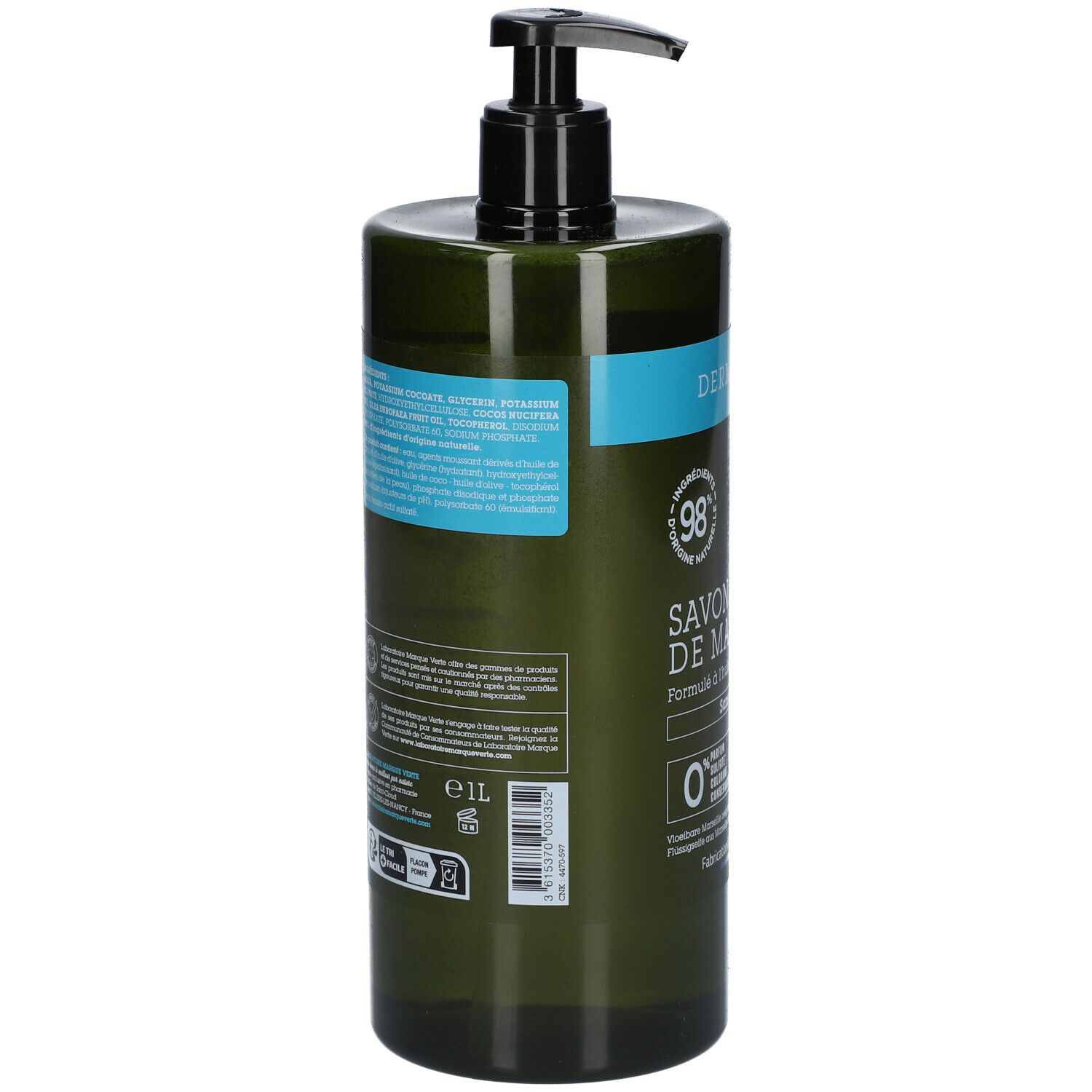 Grüne Flasche mit schwarzem Spender. Rückseite mit Text und Barcode. Aufschrift: 1L, DERMASENS, Savon liquide de Marseille.