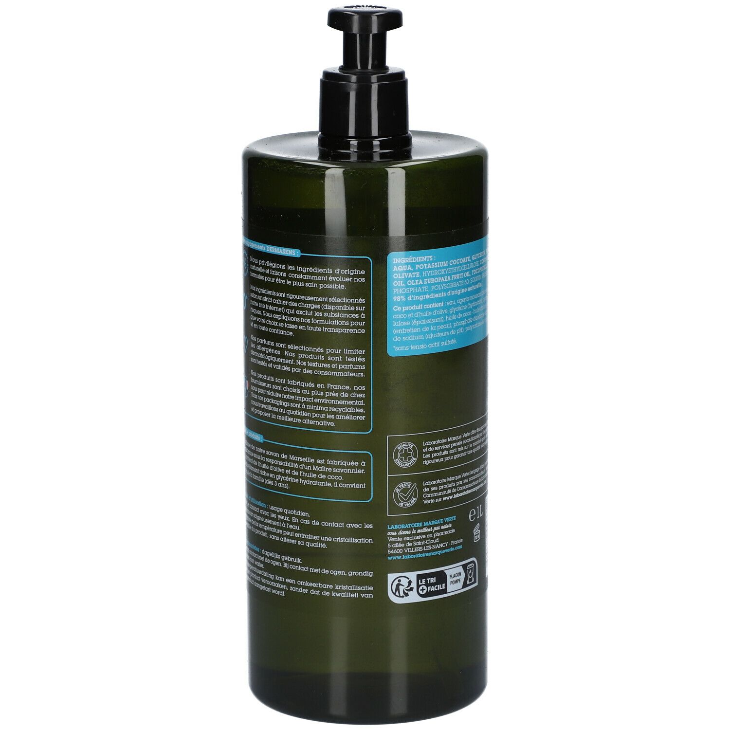 Grüne Flasche mit schwarzem Spender. Rückseite mit Text. Aufschrift: DERMASENS, Savon liquide de Marseille, 98% Inhaltsstoffe natürlichen Ursprungs.