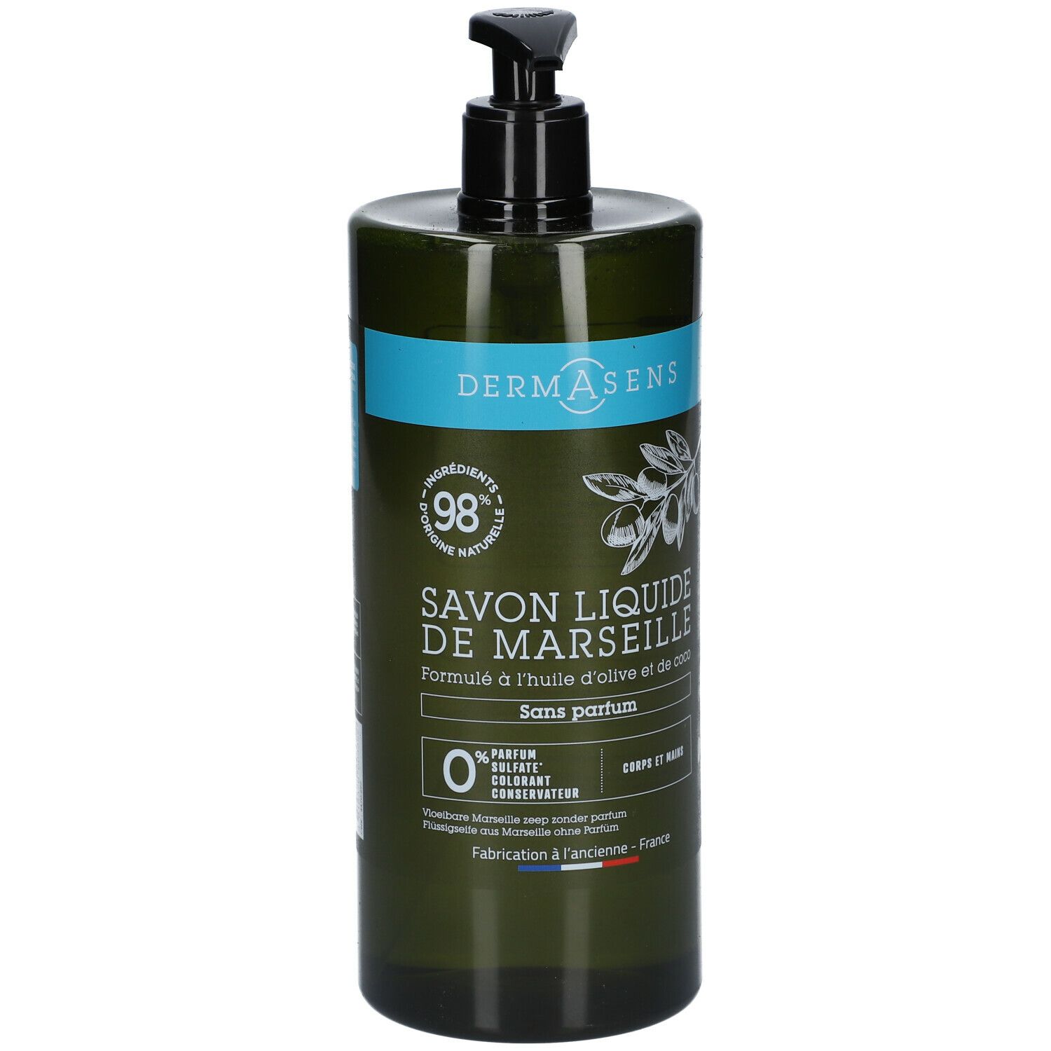 Grüne Flasche mit schwarzem Spender. Aufschrift: DERMASENS, Savon liquide de Marseille, Sans parfum. 98% Inhaltsstoffe natürlichen Ursprungs.