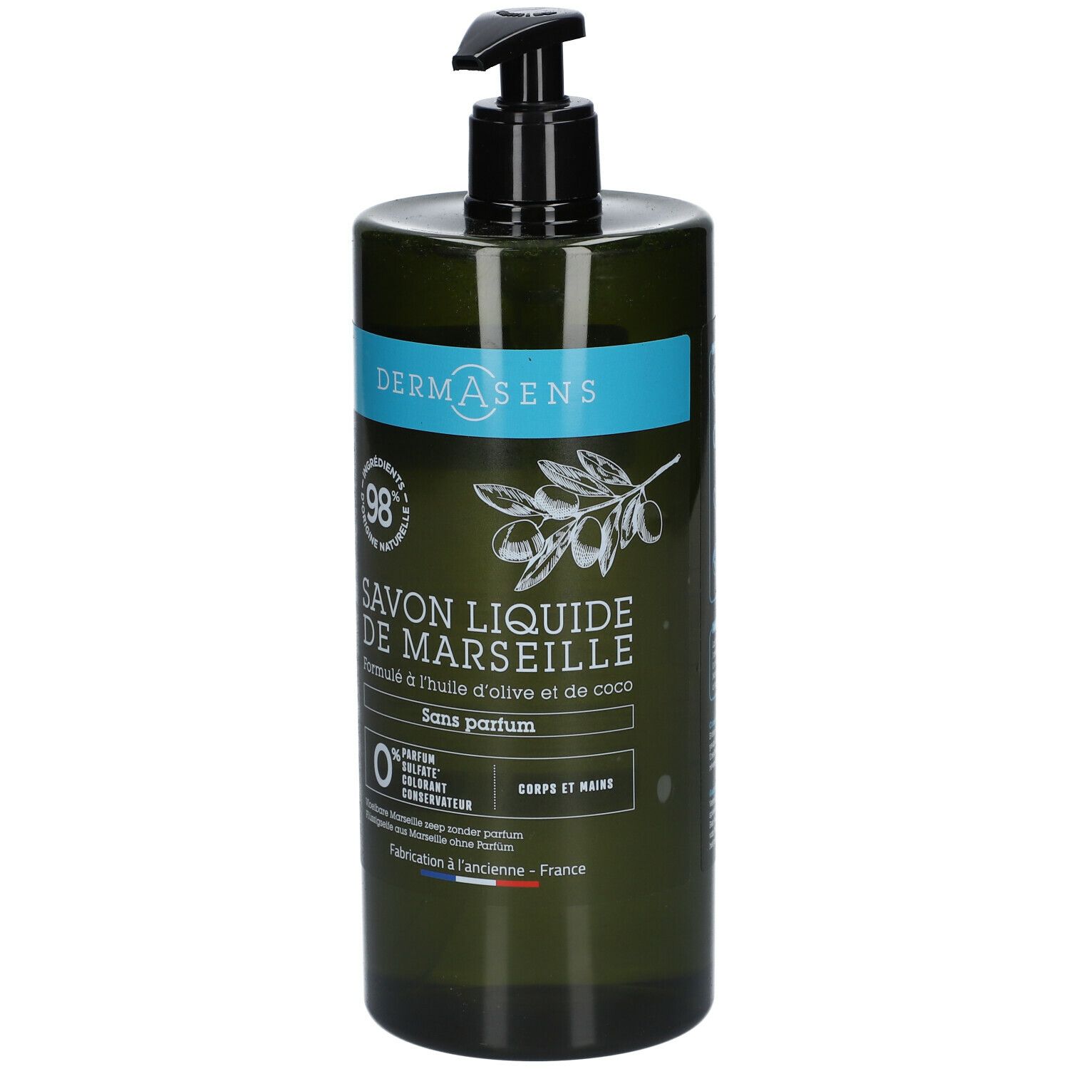 Grüne Flasche mit schwarzem Spender. Aufschrift: DERMASENS, Savon liquide de Marseille, Sans parfum. 98% Inhaltsstoffe natürlichen Ursprungs.