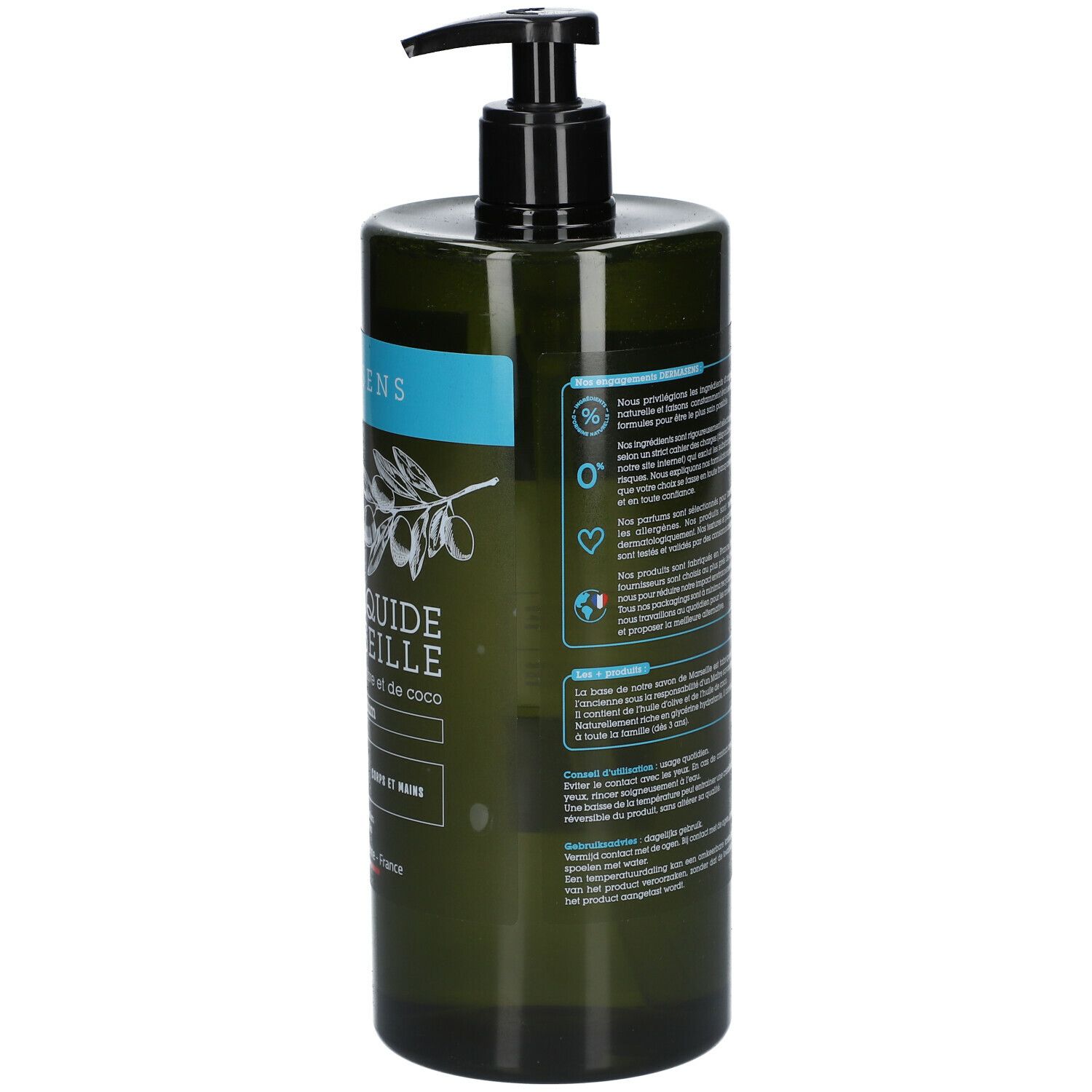 Grüne Flasche mit schwarzem Spender. Rückseite mit Text. Aufschrift: DERMASENS, Savon liquide de Marseille, 98% Inhaltsstoffe natürlichen Ursprungs.