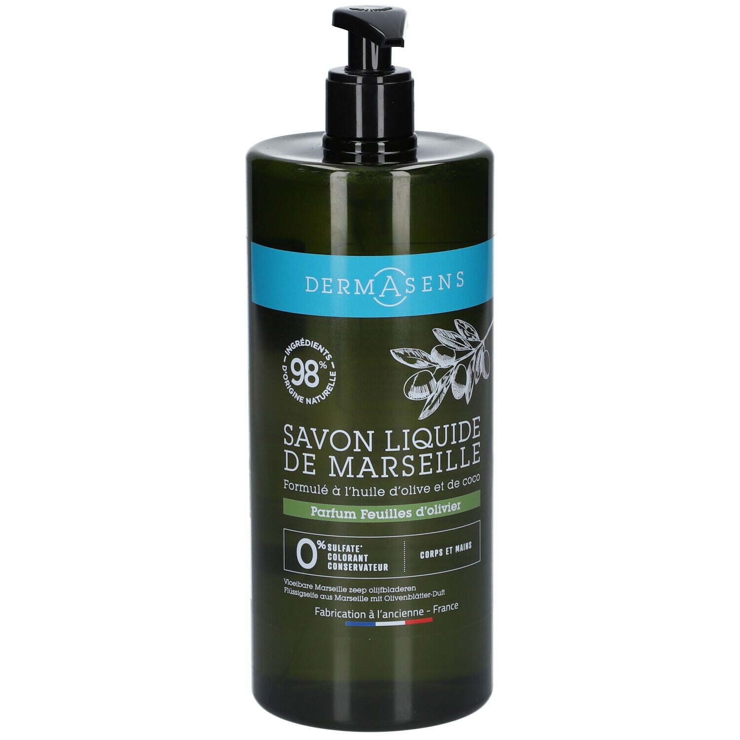 Flacon vert avec pompe noire. Inscription: DERMASENS, Savon Liquide de Marseille, feuilles d'olivier. 98% ingrédients naturels.