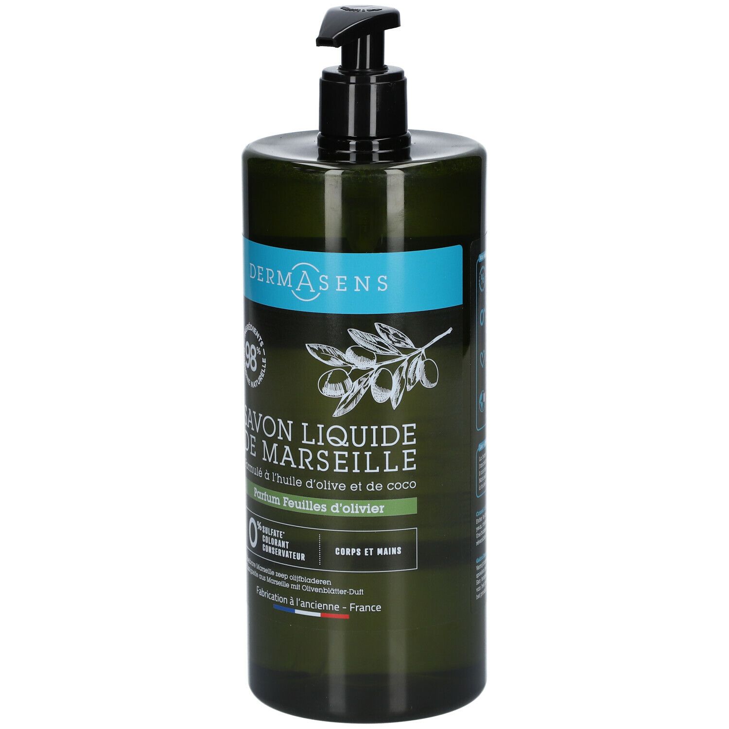 Flacon vert avec pompe noire. Inscription: DERMASENS, Savon Liquide de Marseille, feuilles d'olivier. 98% ingrédients naturels.