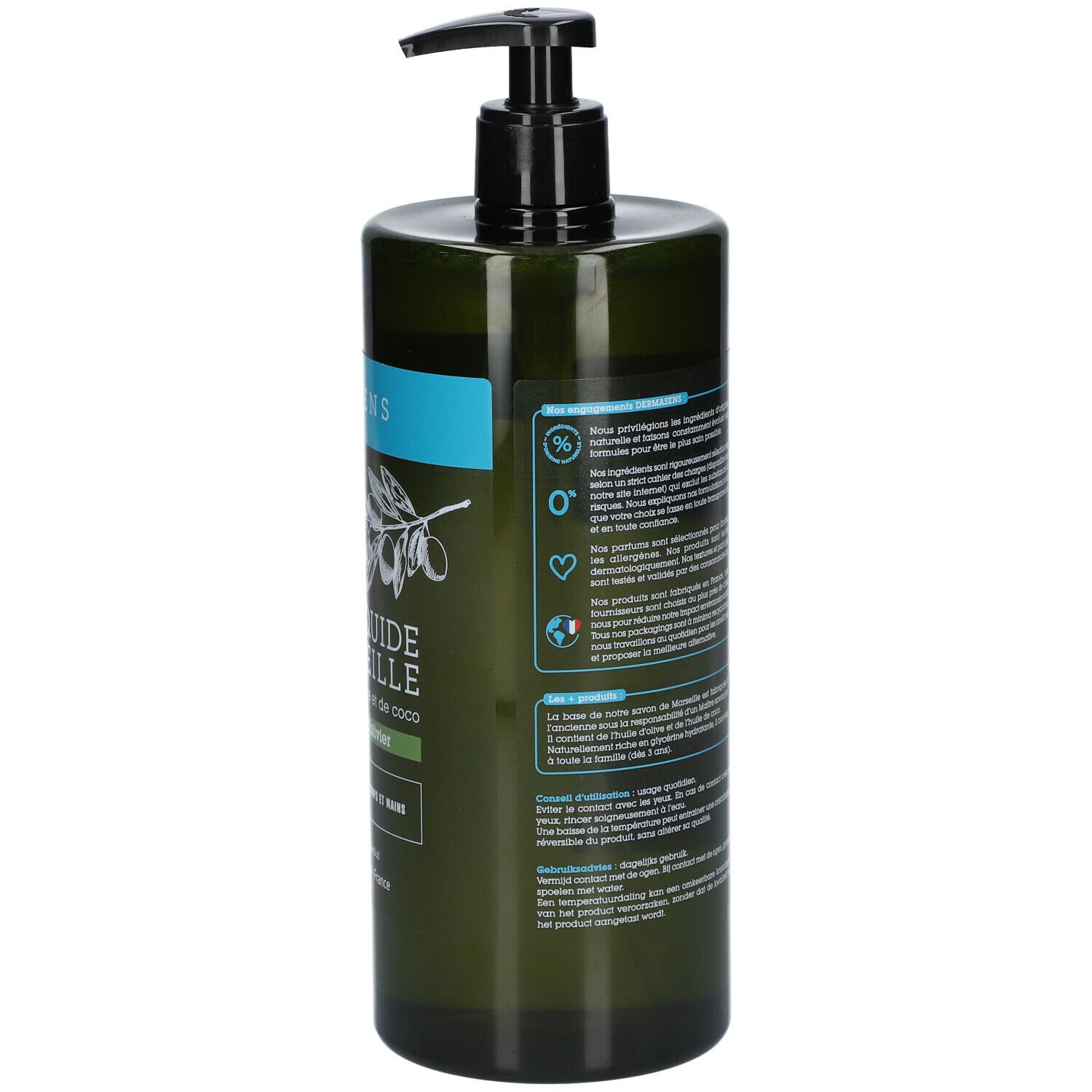Flacon vert avec pompe noire. Dos avec texte. Inscription: 0% sulfates, 0% colorants, 0% conservateurs.