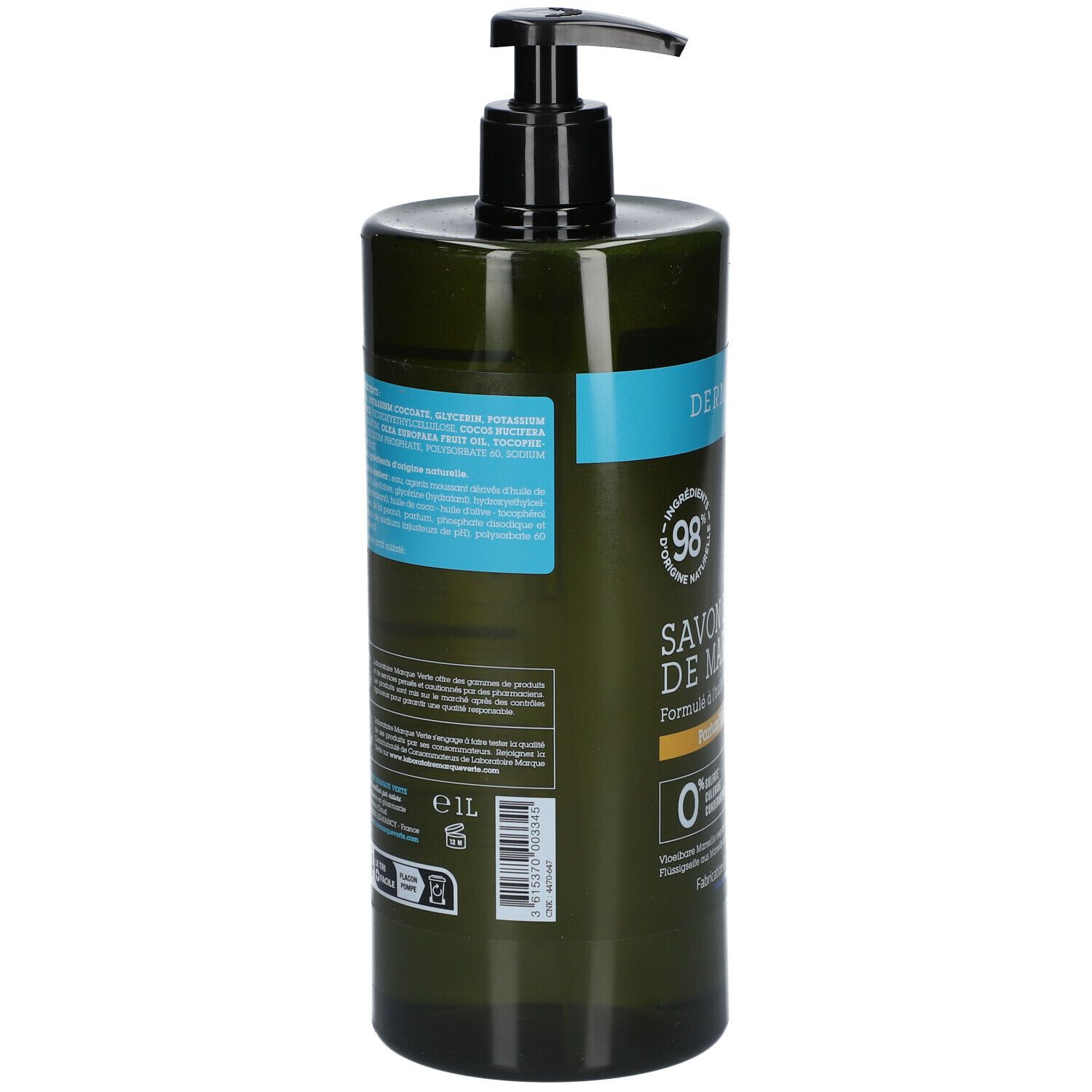 Grüne Flasche mit schwarzem Pumpverschluss. Rückseite mit Text und Etiketten. Aufschrift: 1L.