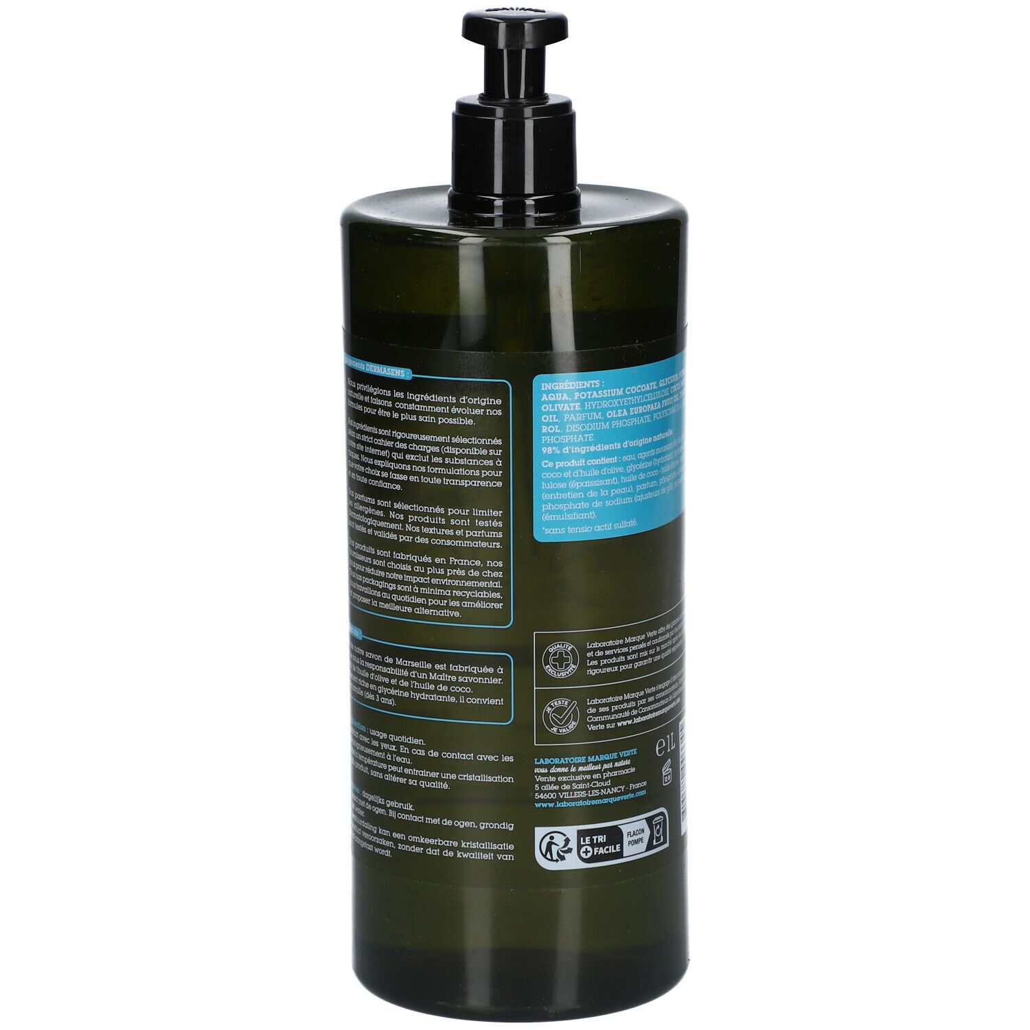 Grüne Flasche mit schwarzem Pumpverschluss. Rückseite mit Text und Etiketten. Aufschrift: 1L.