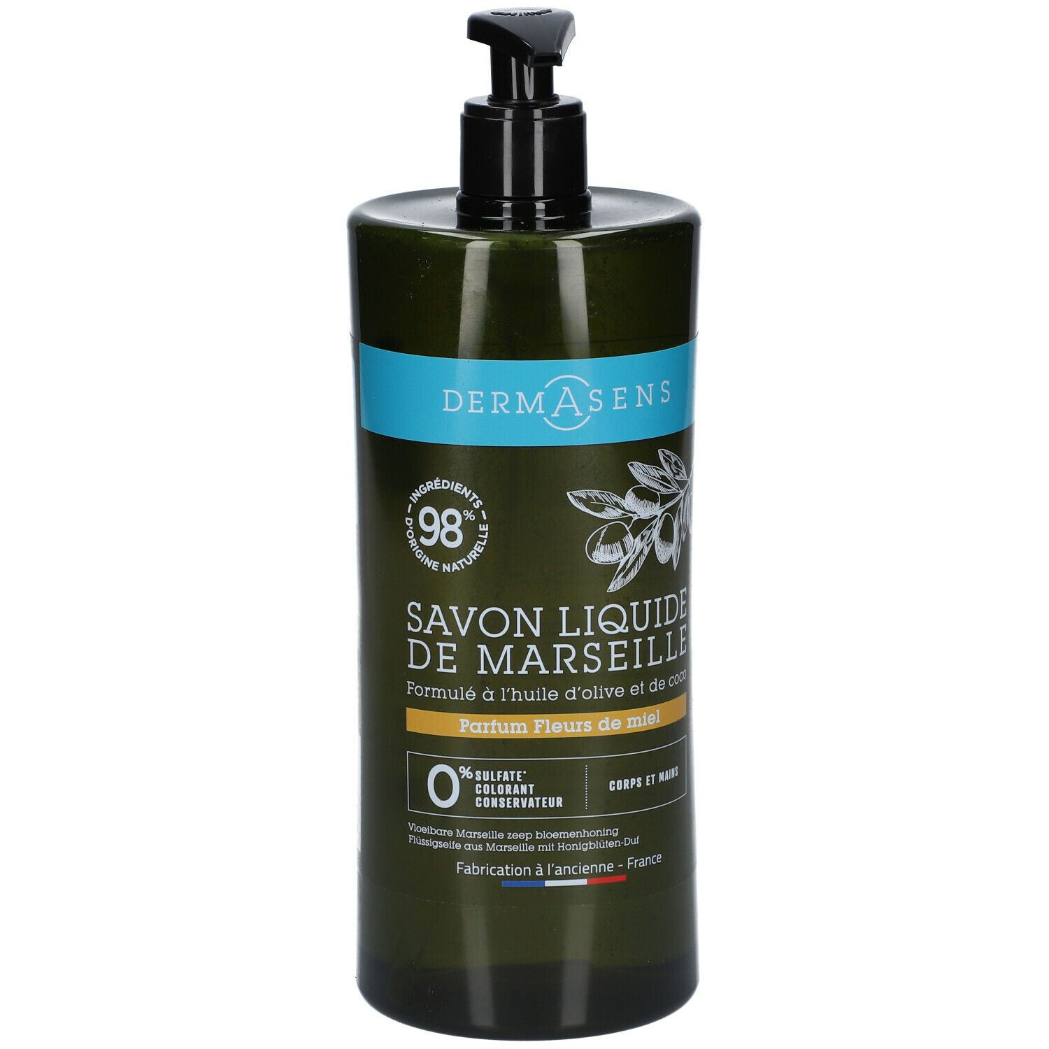 Grüne Flasche mit schwarzem Pumpverschluss. Aufschrift: DERMASENS, Savon Liquide de Marseille, Parfum Fleurs de miel.