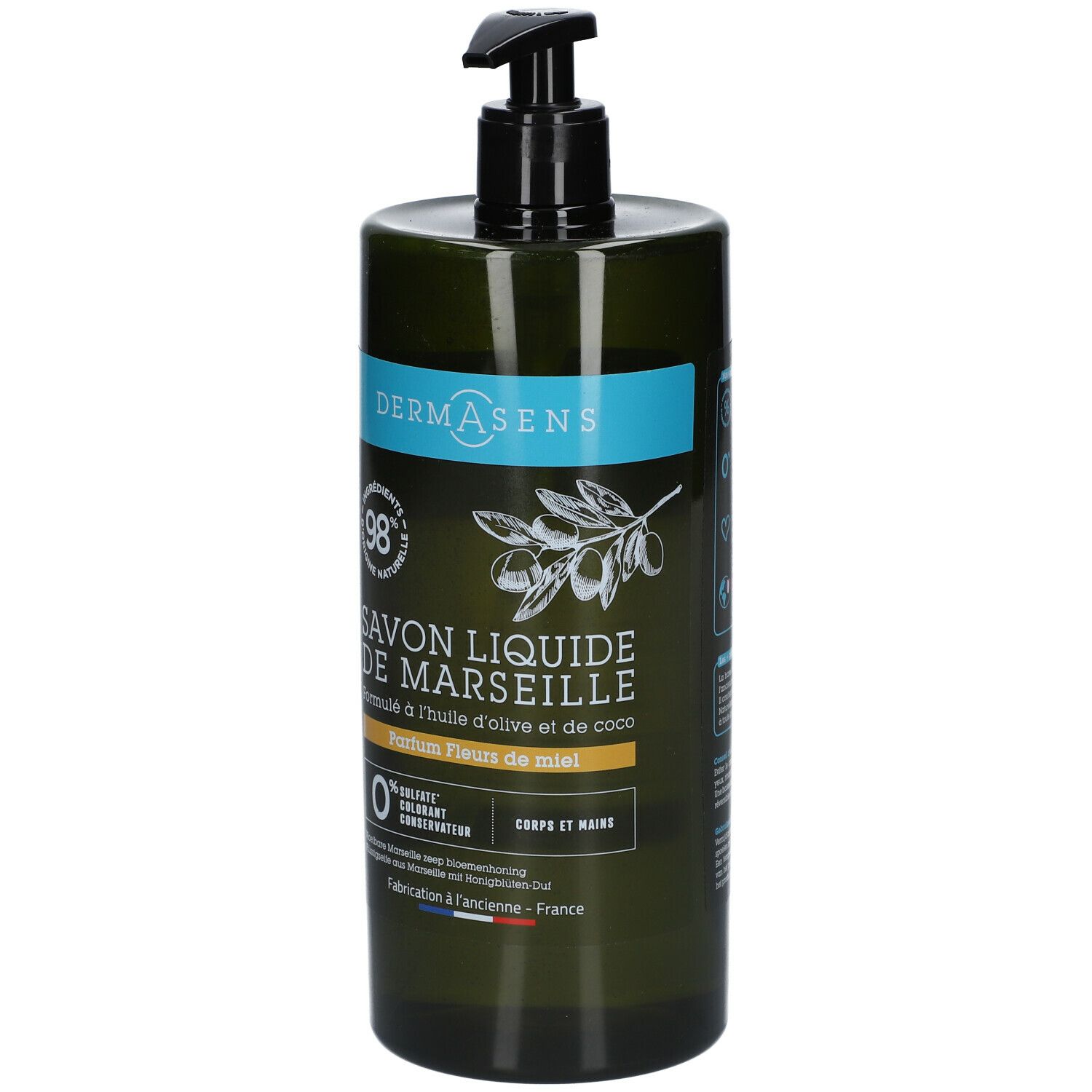 Grüne Flasche mit schwarzem Pumpverschluss. Aufschrift: DERMASENS, Savon Liquide de Marseille, Parfum Fleurs de miel.