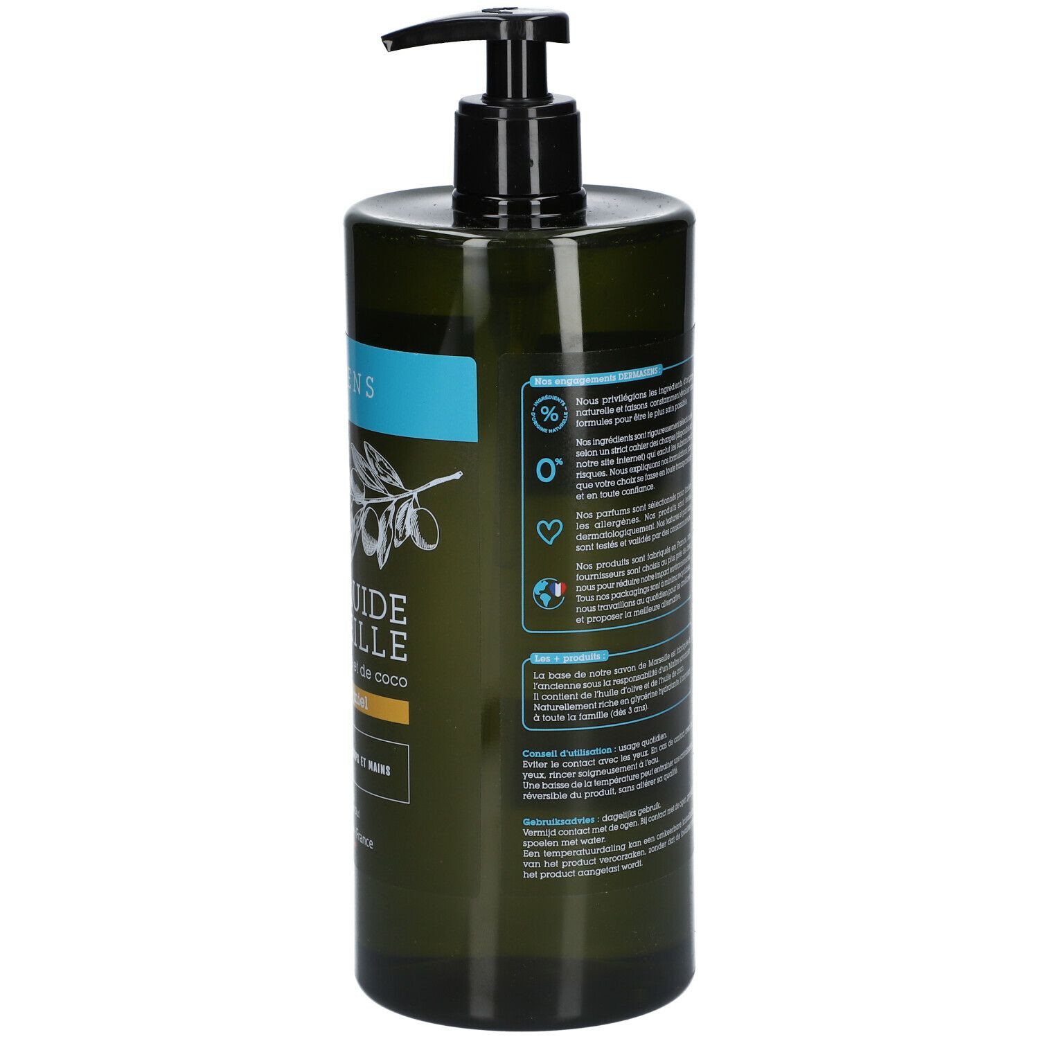 Grüne Flasche mit schwarzem Pumpverschluss. Rückseite mit Text und Etiketten. Aufschrift: 1L.