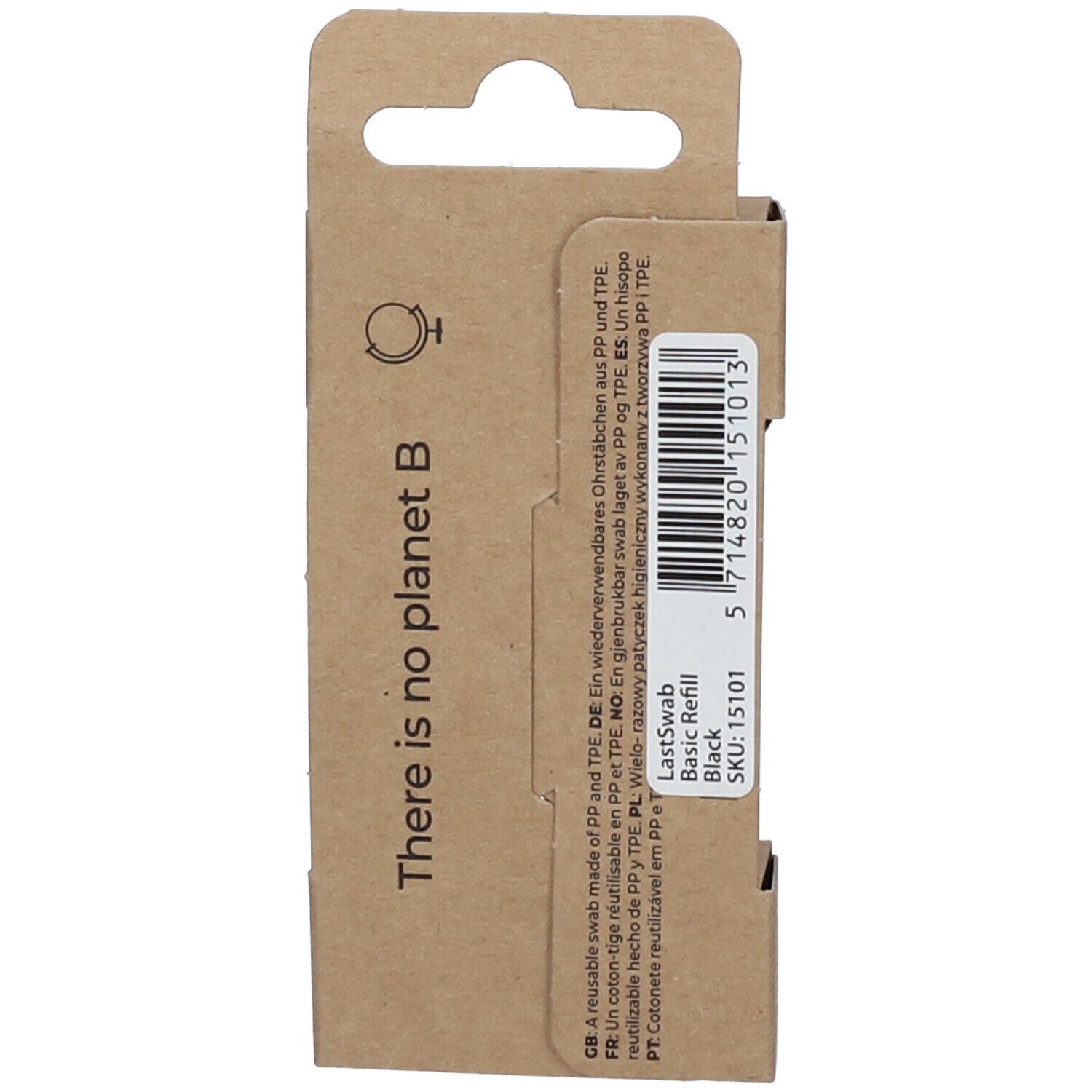 Verpakking met "There is no planet B" en "LastSwab Basic Refill Black". Productinformatie en barcode.