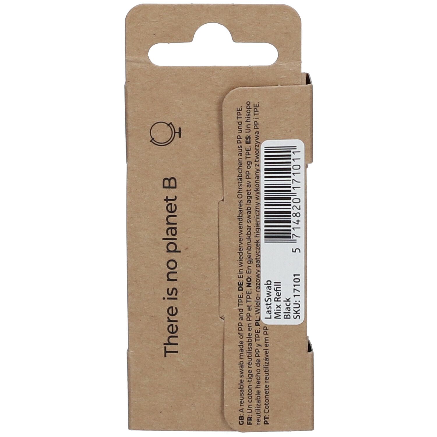 Achterkant van de verpakking. Tekst: There is no planet B. Productnaam: LastSwab Mix Refill Black. SKU: 17101.