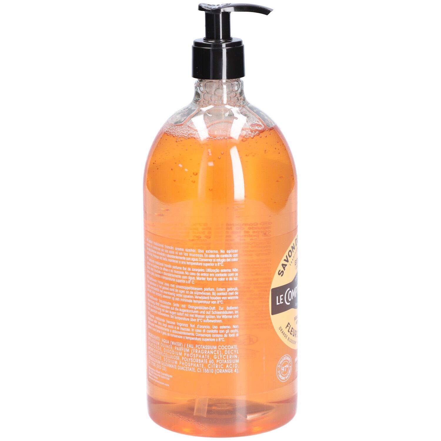 Flasche mit Flüssigseife. Rückseite mit Text. Aufschrift: Savon de Marseille, Le Comptoir du Bain, Fleur d'Oranger. Mit Pumpe.
