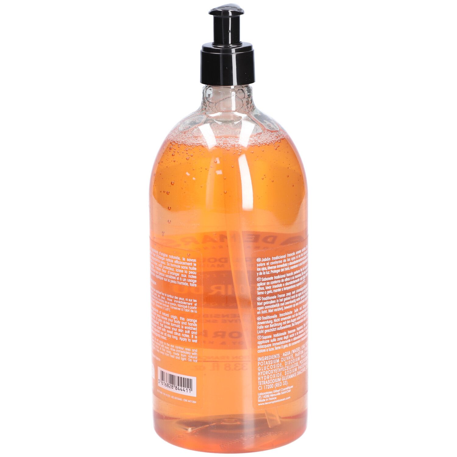 Flasche mit Flüssigseife. Rückseite mit Text. Aufschrift: Savon de Marseille, Le Comptoir du Bain, Fleur d'Oranger. Mit Pumpe.