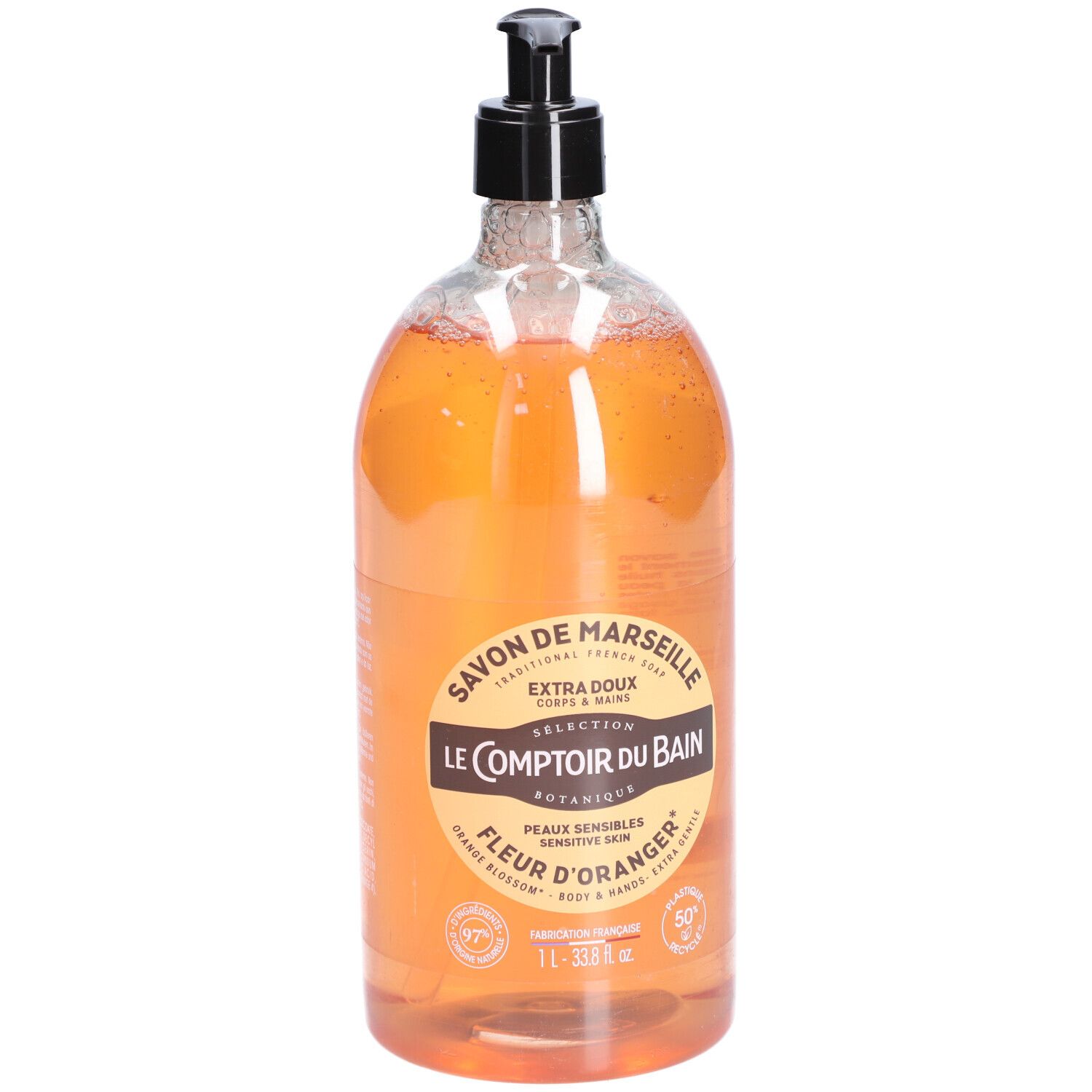 Flasche mit Flüssigseife. Aufschrift: Savon de Marseille, Le Comptoir du Bain, Fleur d'Oranger. Mit Dosierpumpe.