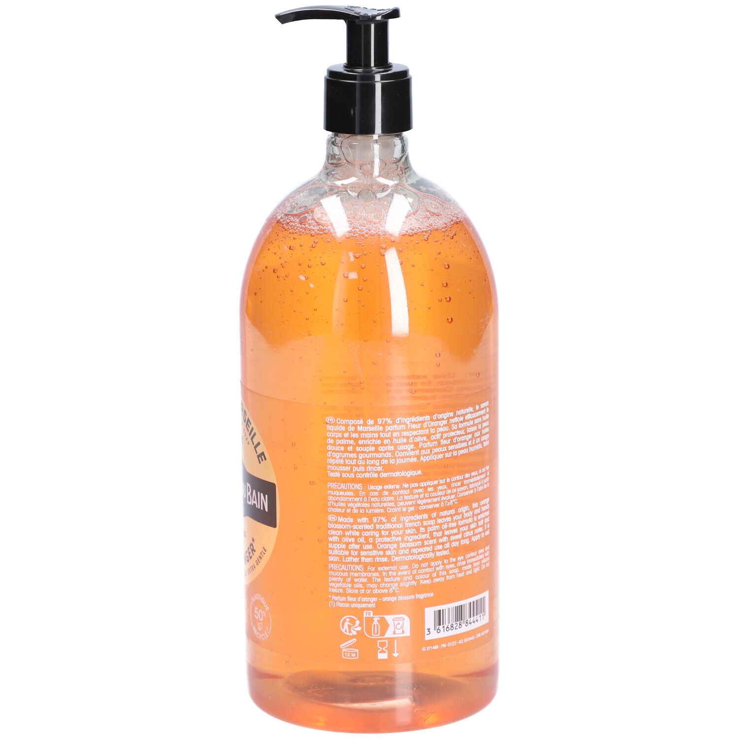 Flasche mit Flüssigseife. Rückseite mit Text. Aufschrift: Savon de Marseille, Le Comptoir du Bain, Fleur d'Oranger. Mit Pumpe.