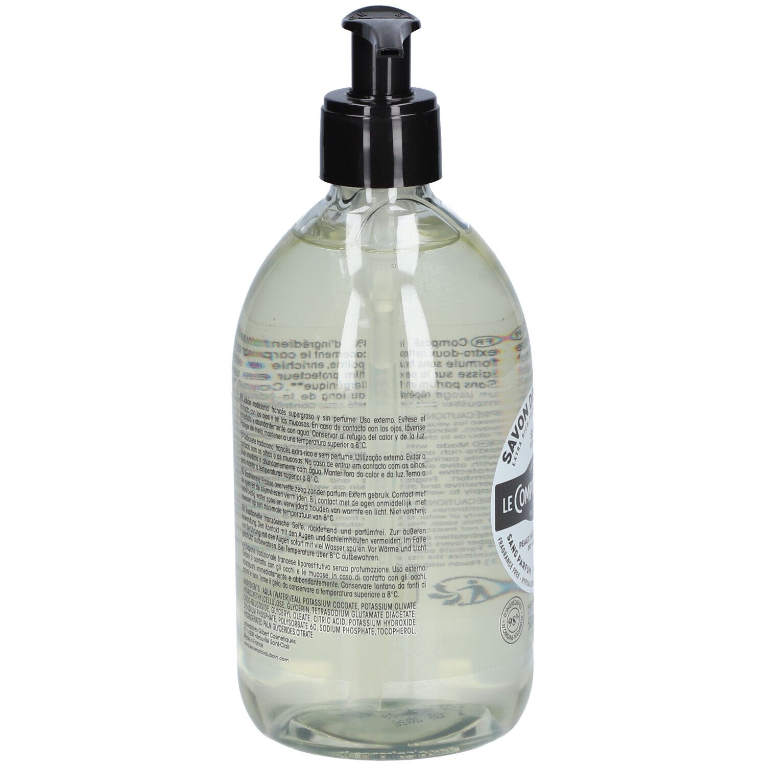 Klare Flüssigseife in durchsichtiger Flasche mit schwarzem Pumpspender.