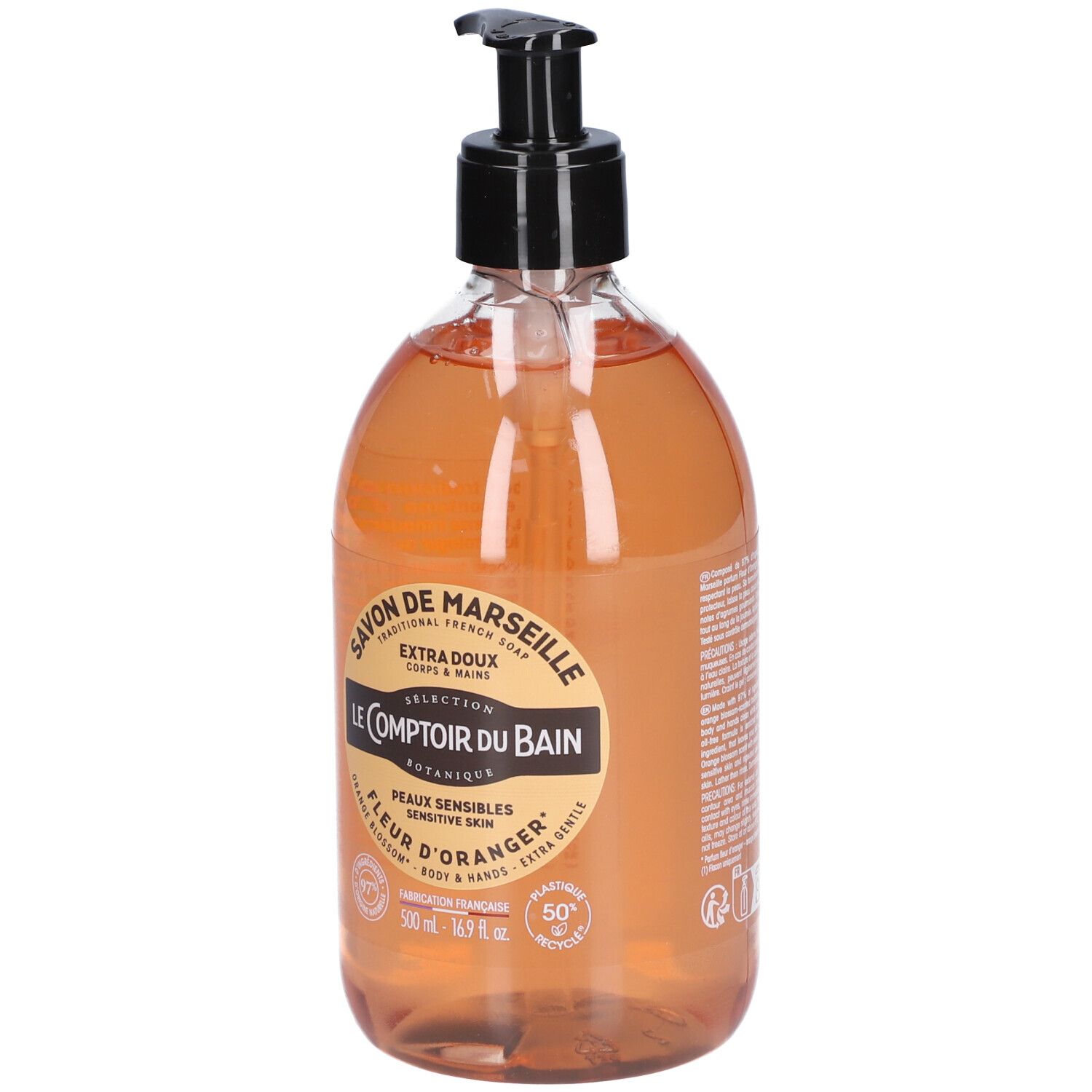 Flasche mit Flüssigseife. Schwarzer Pumpkopf. Etikett mit Text: Savon de Marseille, Fleur d'Oranger.