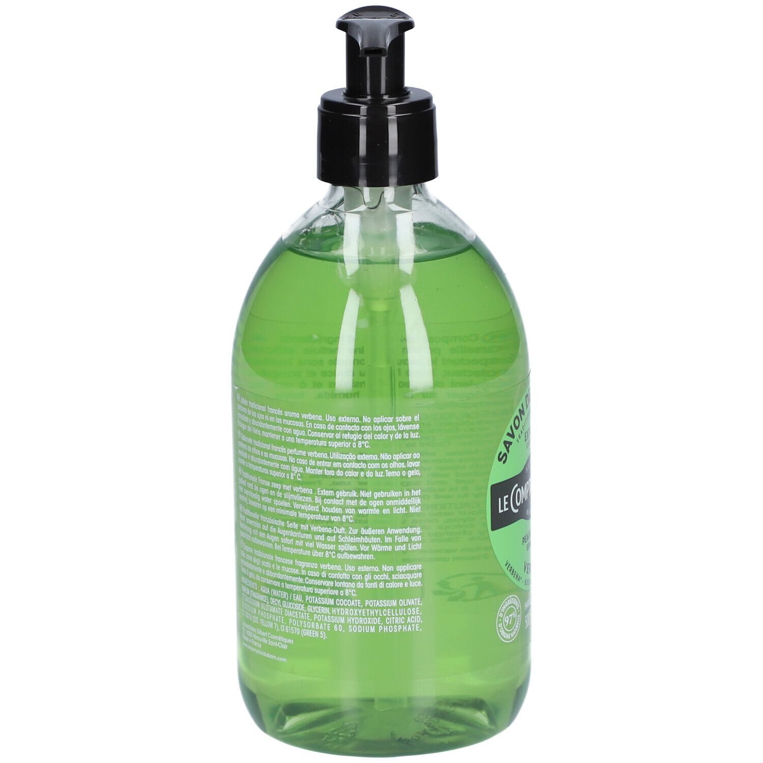 Rückseite einer grünen Flüssigseifenflasche mit Etikett und Textinformationen. Schwarzer Pumpspender.
