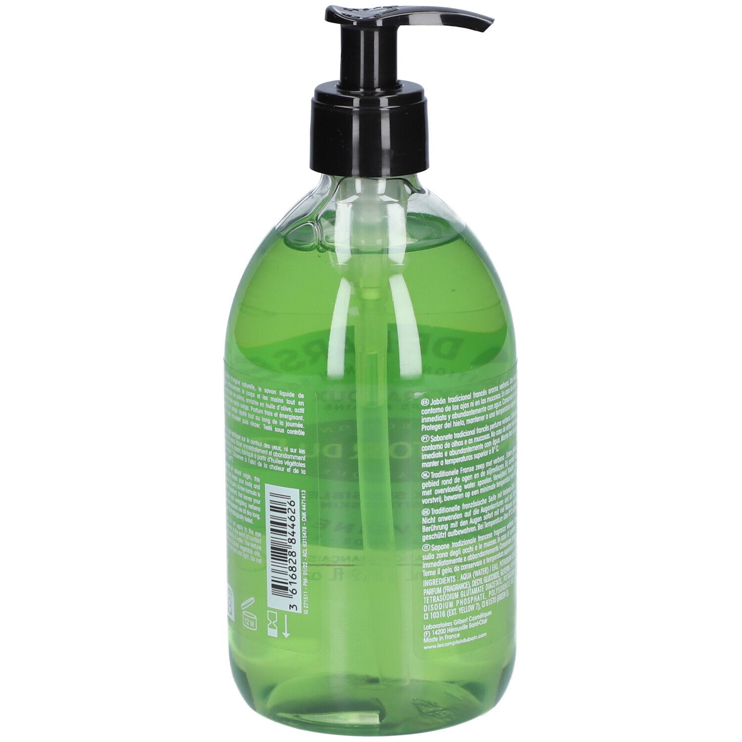 Rückseite einer grünen Flüssigseifenflasche mit Etikett, Barcode und Textinformationen. Schwarzer Pumpspender.