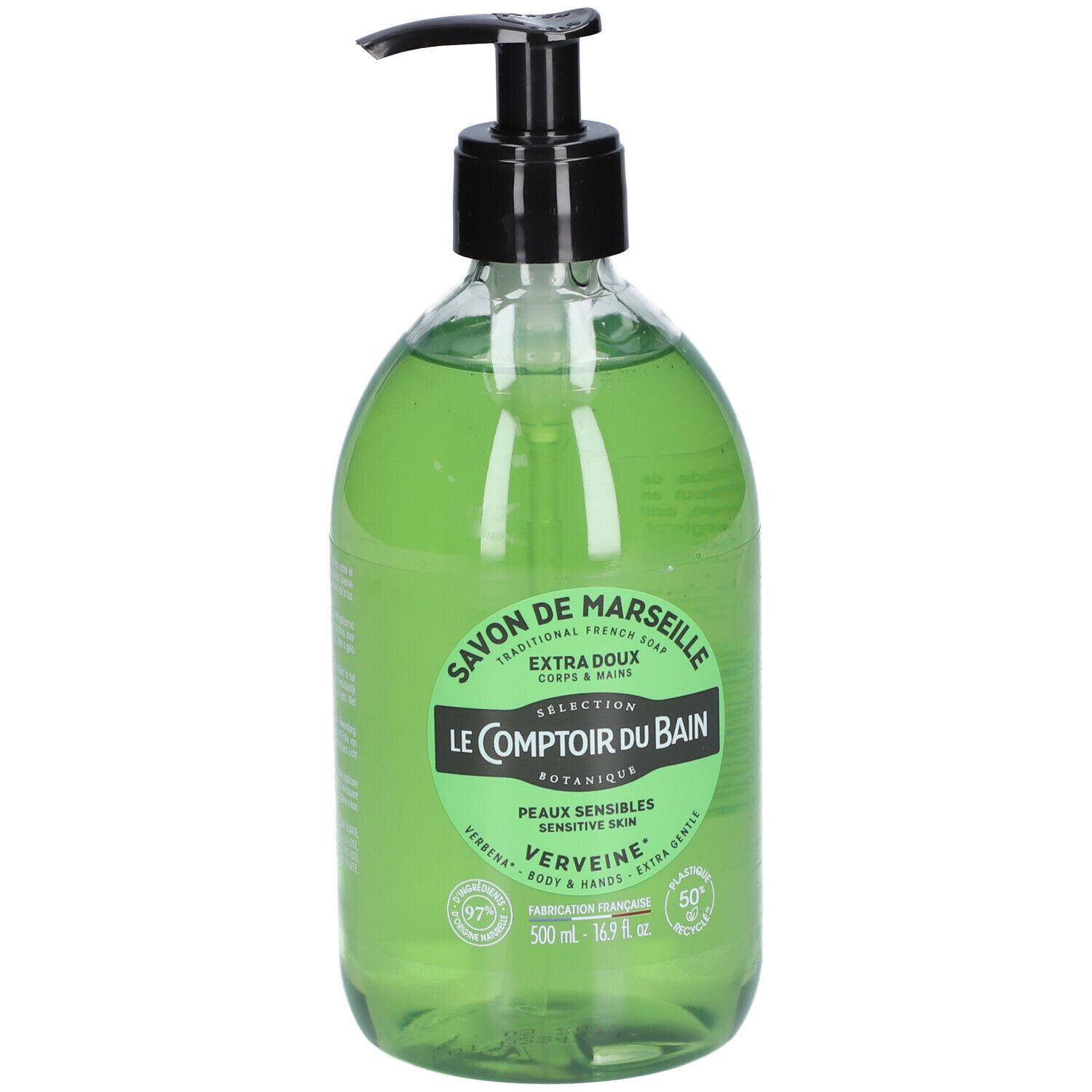Grüne Flüssigseife in durchsichtiger Pumpspenderflasche mit Etikett 'Le Comptoir du Bain Savon de Marseille Verveine'.