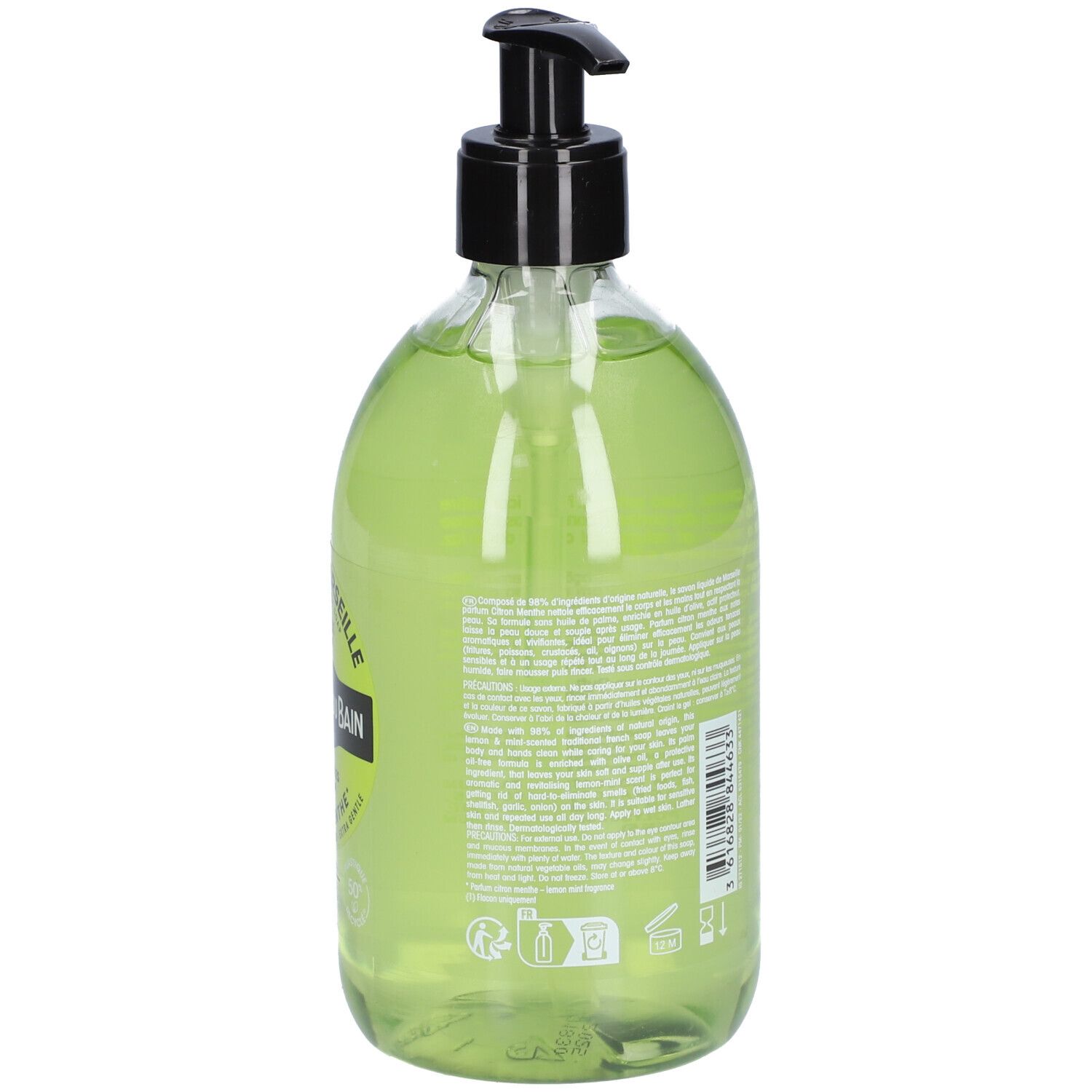 Rückansicht der grünen Flüssigseife. Text auf dem Etikett. Transparente Kunststoffflasche mit schwarzem Spender.