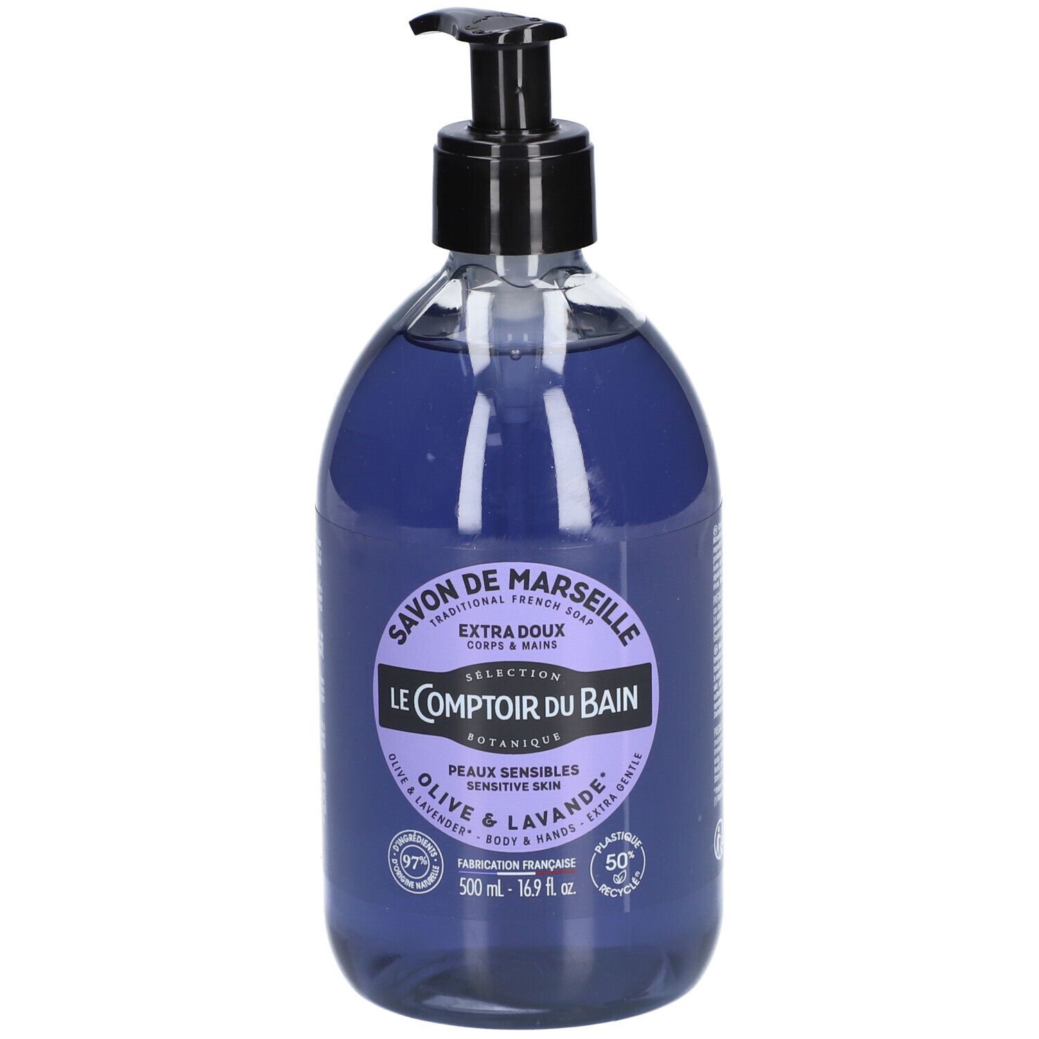 Flasche mit flüssiger Seife. Aufschrift: Savon de Marseille, Le Comptoir du Bain, Olive & Lavande. Mit Spender.