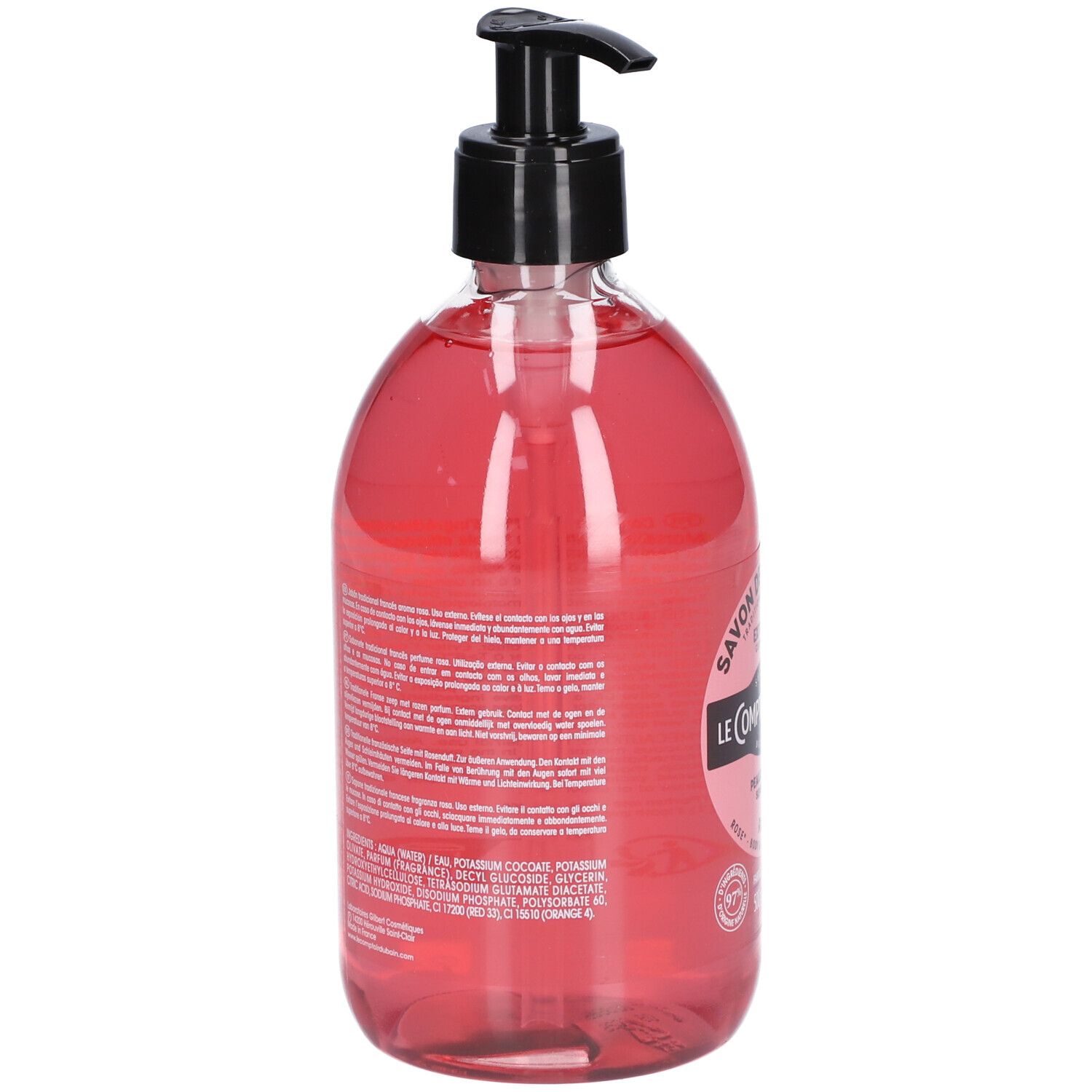 Rückansicht einer rosa Flüssigseifenflasche mit schwarzem Spender. Text auf Etikett. Flasche aus transparentem Kunststoff.