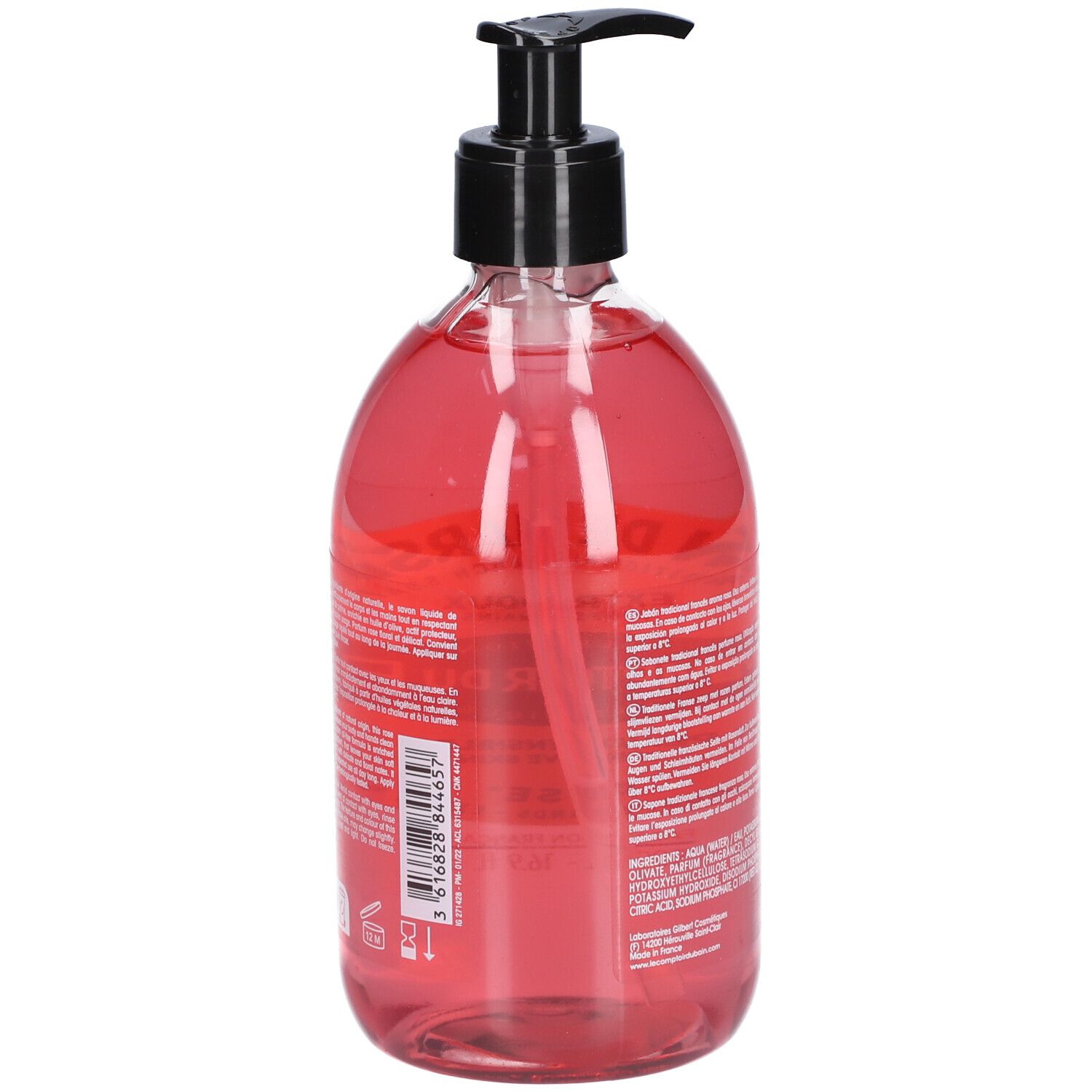 Rückansicht einer rosa Flüssigseifenflasche mit schwarzem Spender. Text auf Etikett. Flasche aus transparentem Kunststoff.