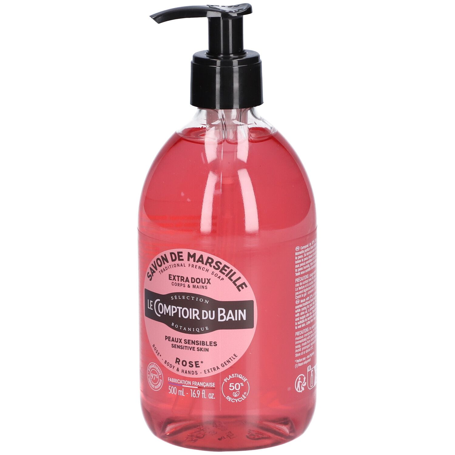 Rosa Flüssigseife mit schwarzem Spender. Aufschrift: Savon de Marseille, Le Comptoir du Bain, Rose. Flasche aus transparentem Kunststoff.
