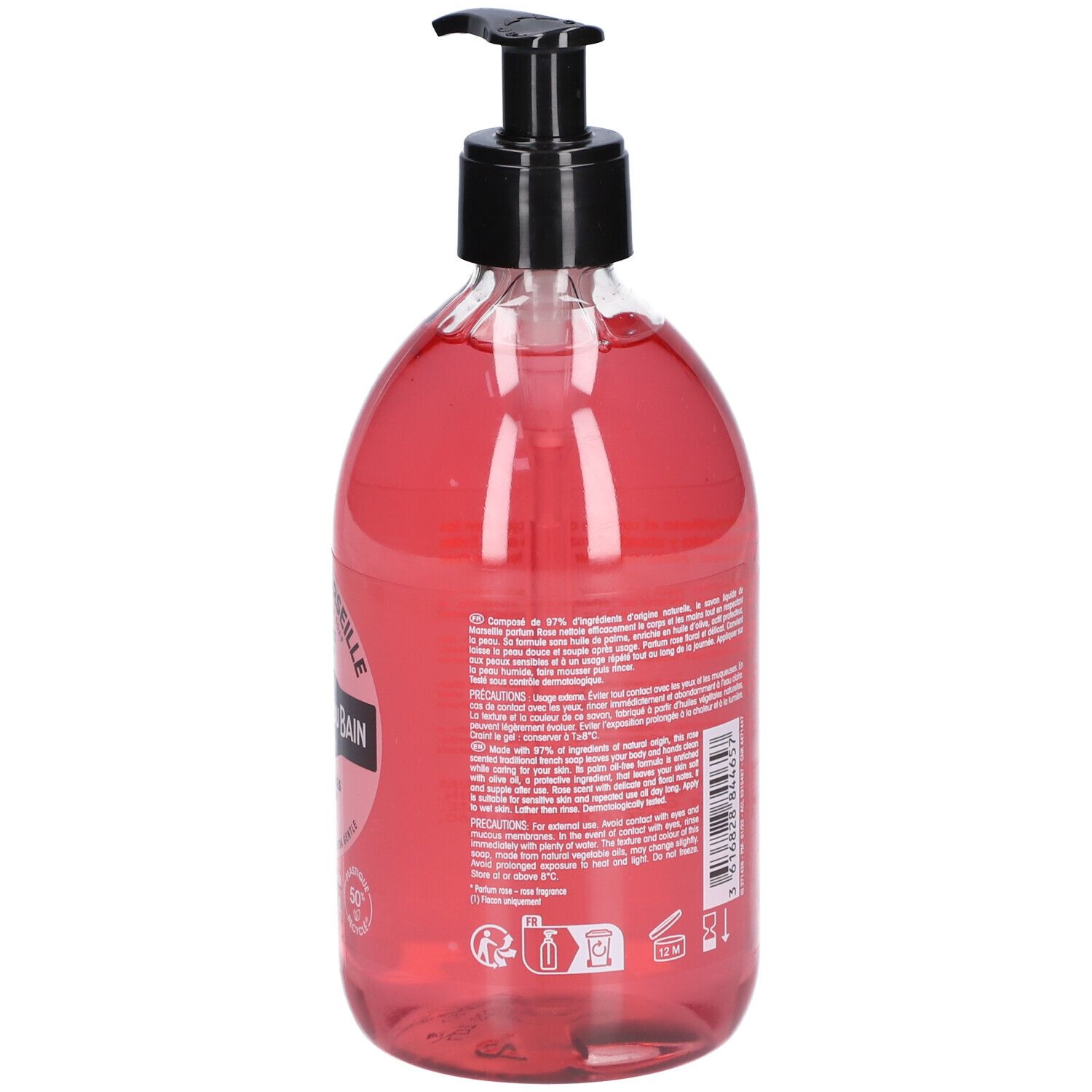 Rückansicht einer rosa Flüssigseifenflasche mit schwarzem Spender. Text auf Etikett. Flasche aus transparentem Kunststoff.