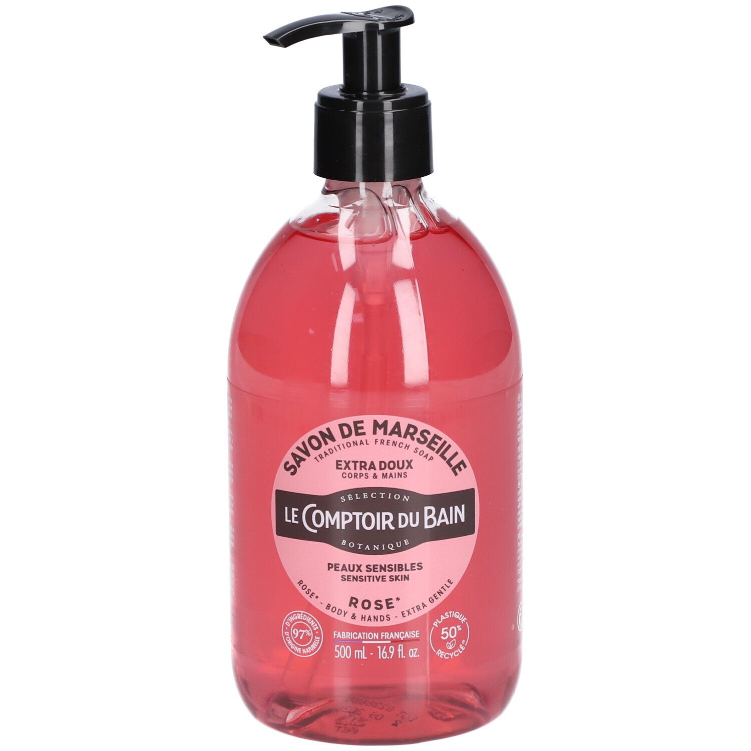 Rosa Flüssigseife mit schwarzem Spender. Aufschrift: Savon de Marseille, Le Comptoir du Bain, Rose. Flasche aus transparentem Kunststoff.