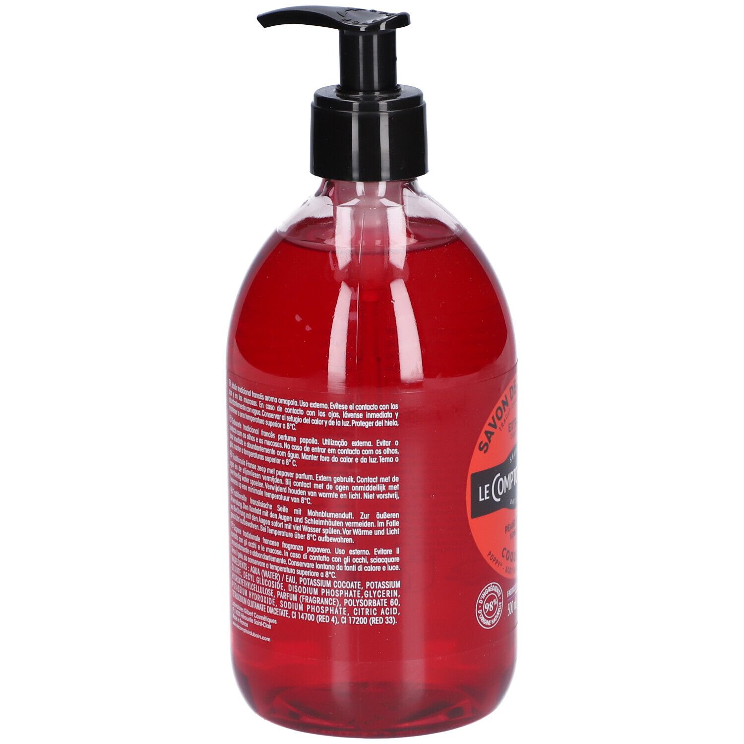 Rote Flüssigseife in einer transparenten Flasche. Schwarzer Spender. Text auf der Rückseite der Flasche.