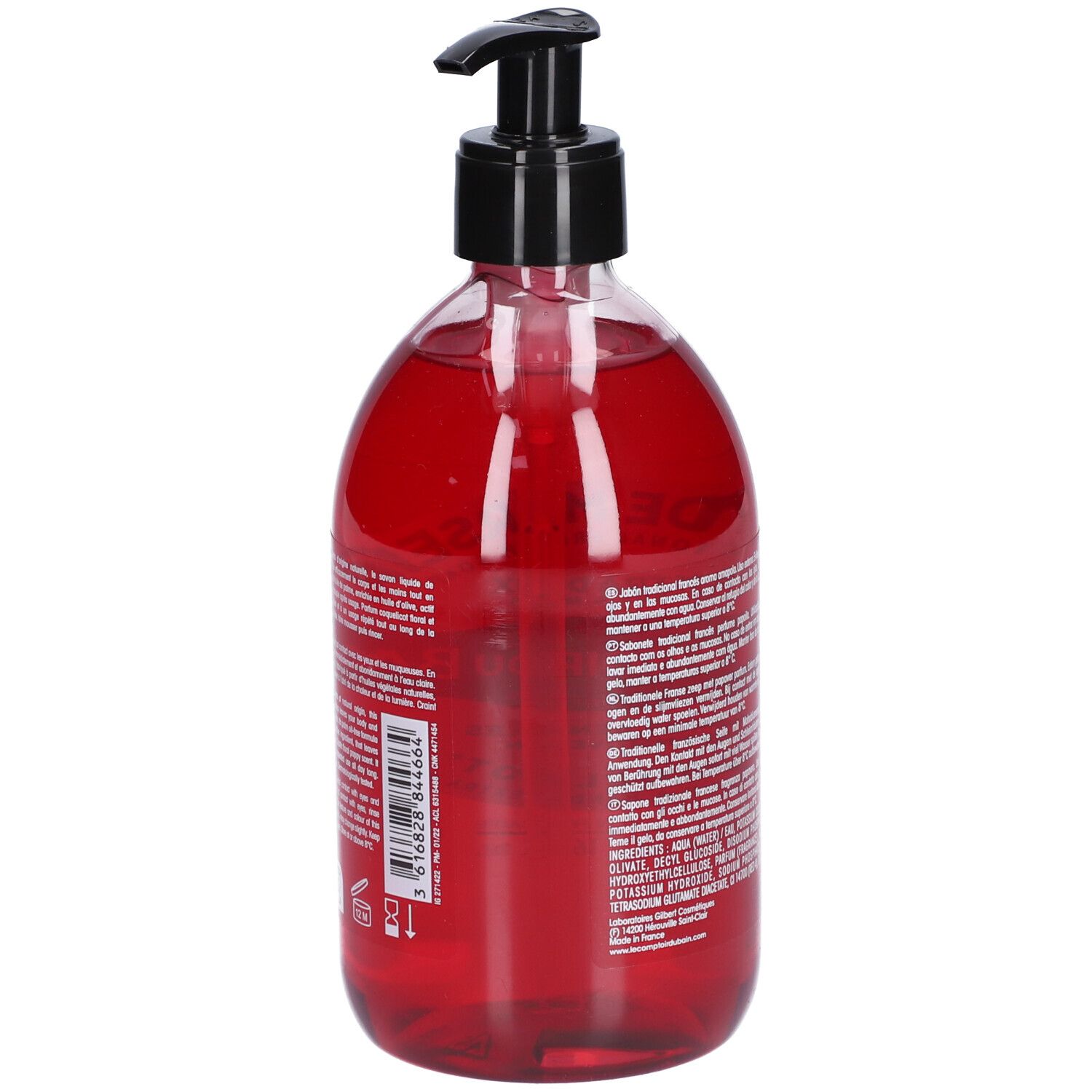 Rote Flüssigseife in einer transparenten Flasche. Schwarzer Spender. Text auf der Rückseite der Flasche.