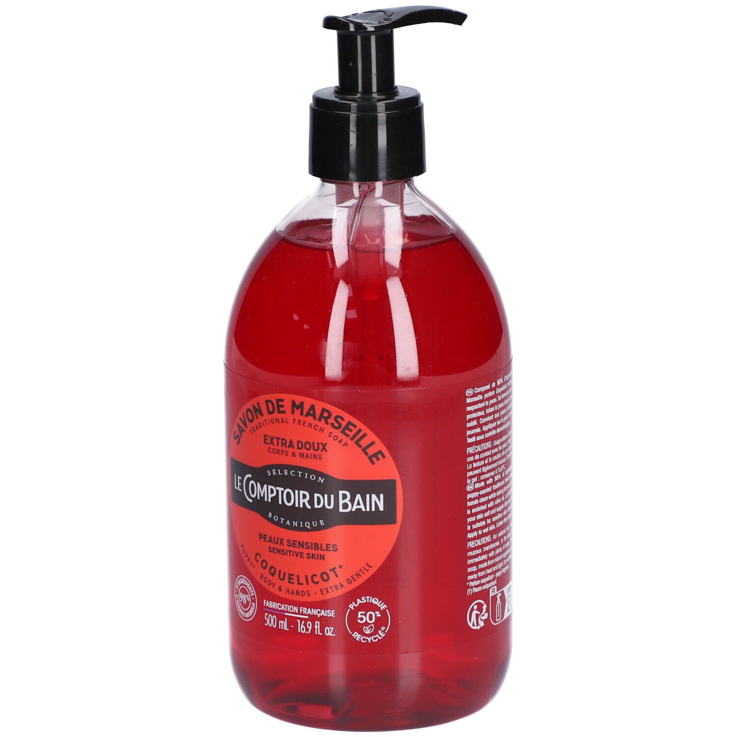 Rote Flüssigseife mit schwarzem Spender. Etikett mit Produktnamen und Logo. Flasche aus transparentem Kunststoff.