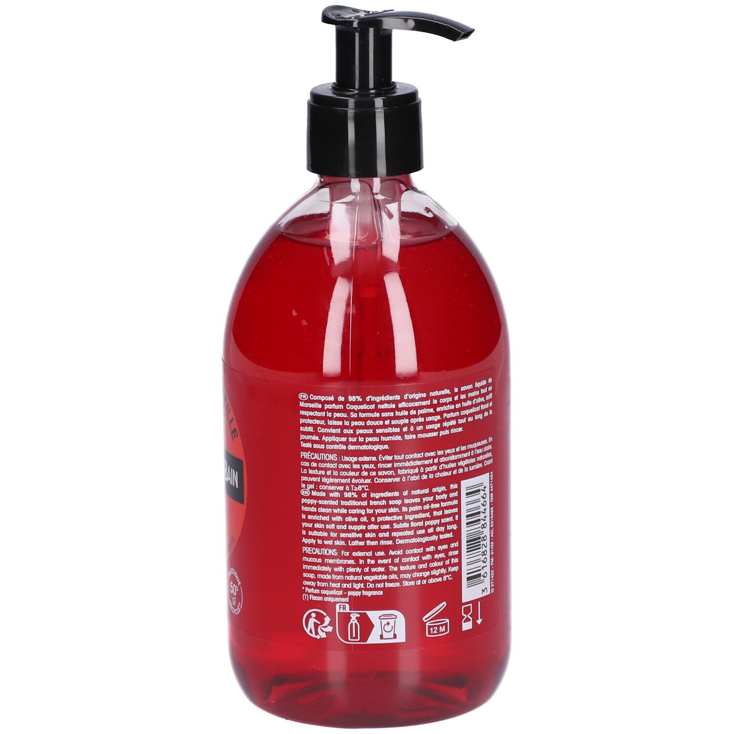 Rote Flüssigseife in einer transparenten Flasche. Schwarzer Spender. Text auf der Rückseite der Flasche.