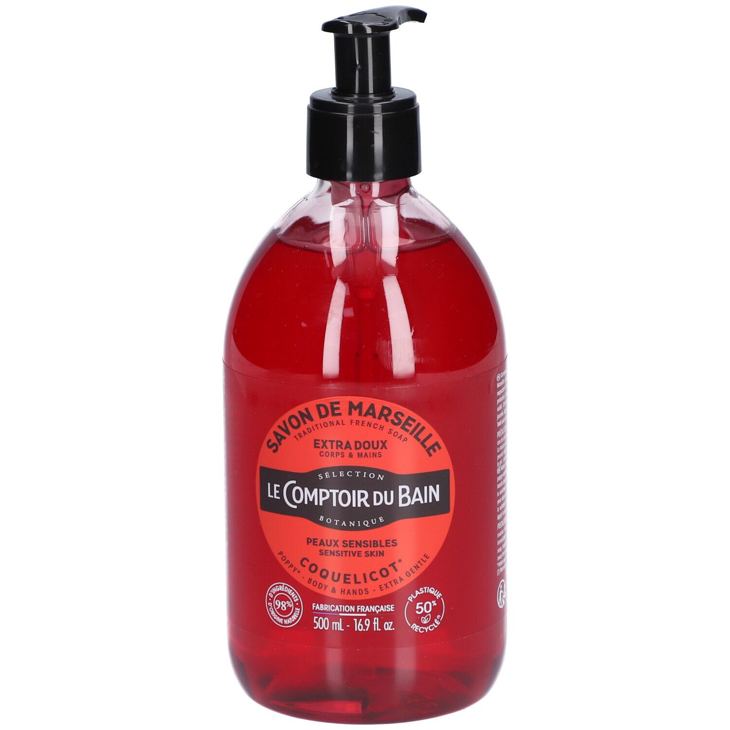 Rote Flüssigseife mit schwarzem Spender. Etikett mit Produktnamen und Logo. Flasche aus transparentem Kunststoff.