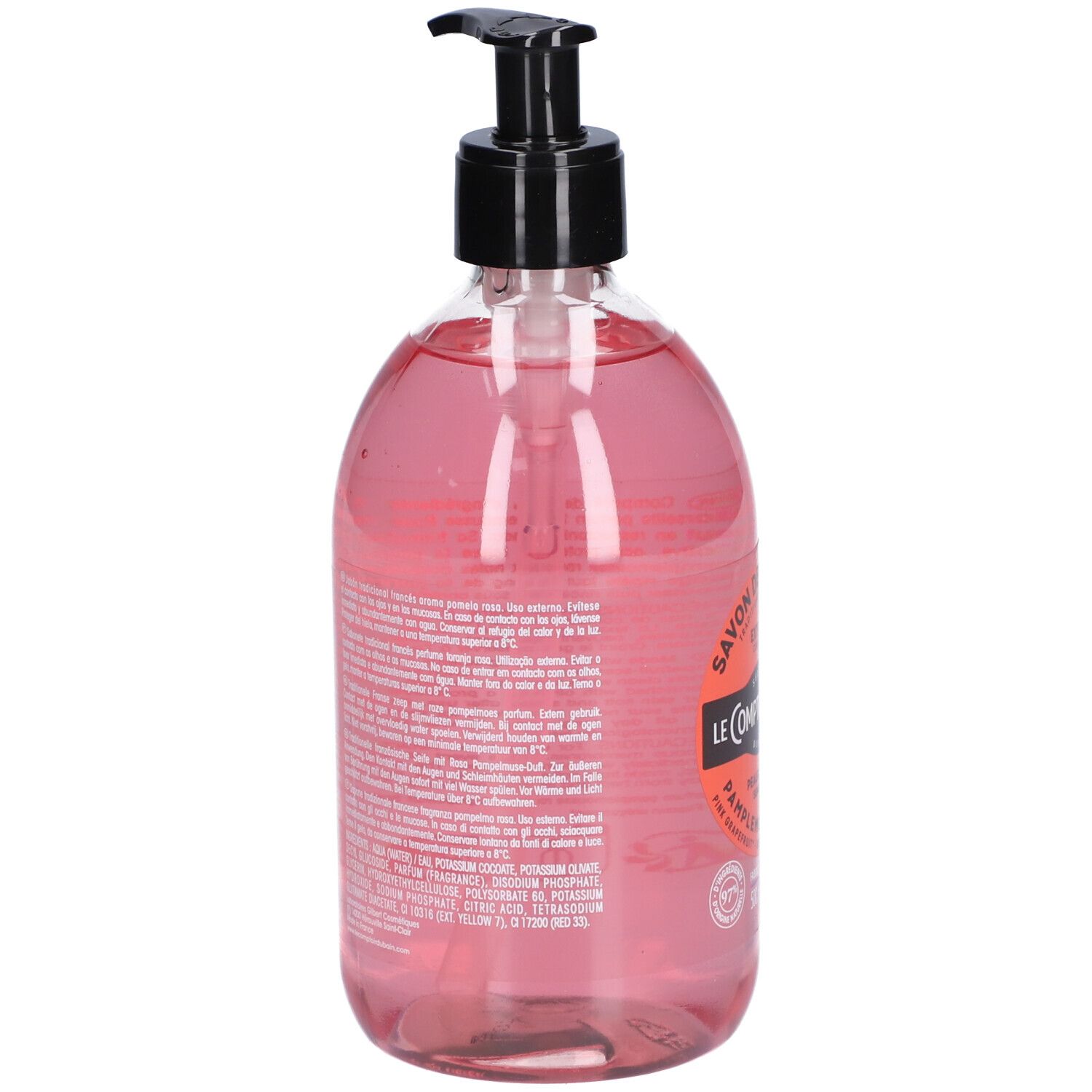 Durchsichtige Flasche mit rosa Flüssigseife und schwarzem Pumpspender. Etikett mit Produktinformationen.