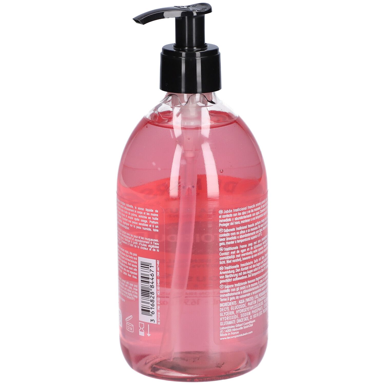 Durchsichtige Flasche mit rosa Flüssigkeit und schwarzem Pumpspender.