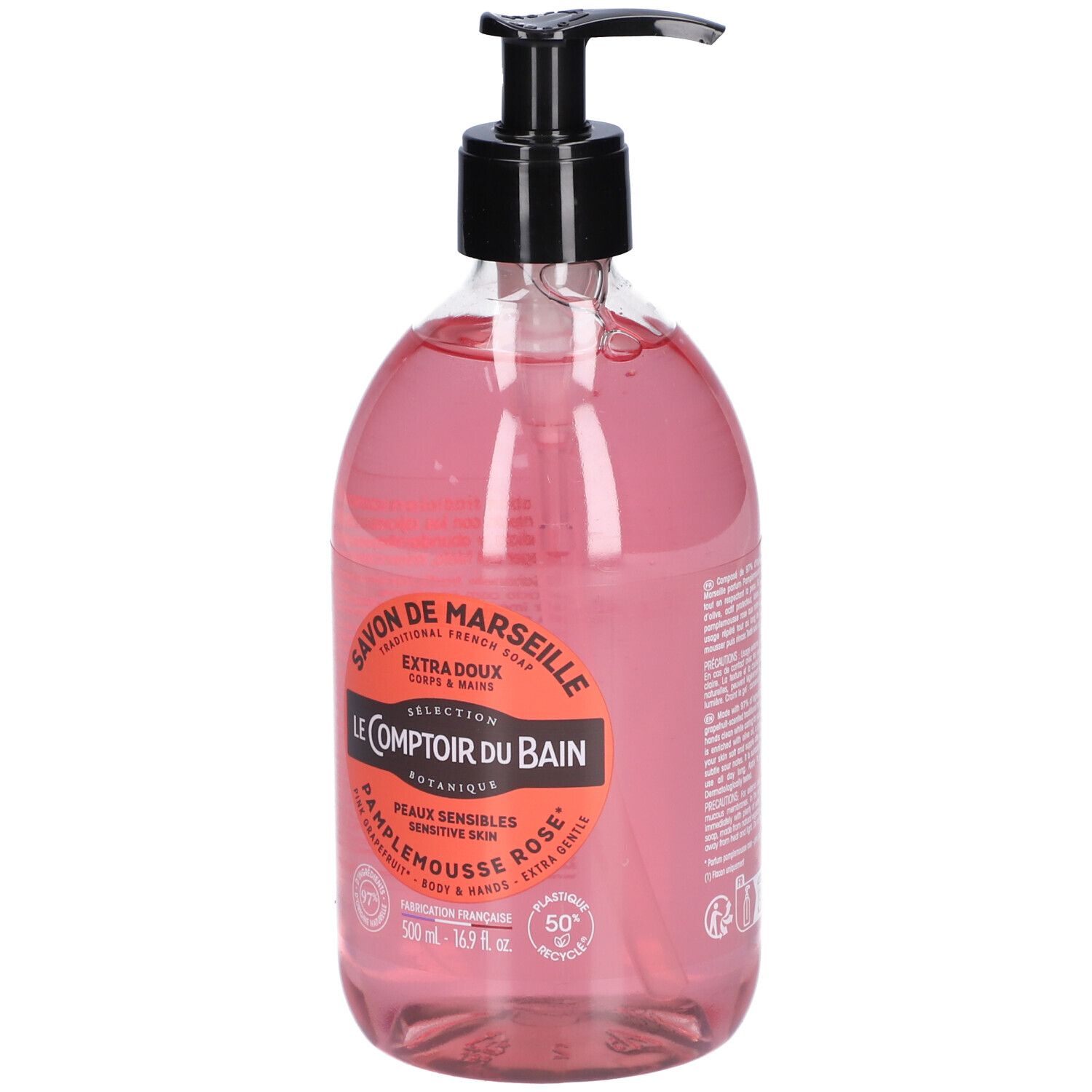 Flasche flüssige Marseiller Seife mit Pumpspender, rosa Inhalt, Etikett mit "Le Comptoir du Bain" und "Savon de Marseille".