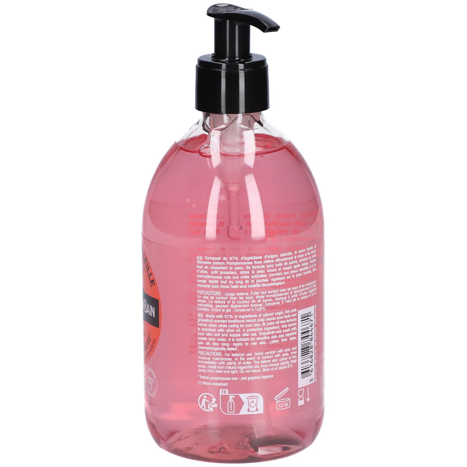 Durchsichtige Flasche mit rosa Flüssigseife und schwarzem Pumpspender. Etikett mit Produktinformationen.
