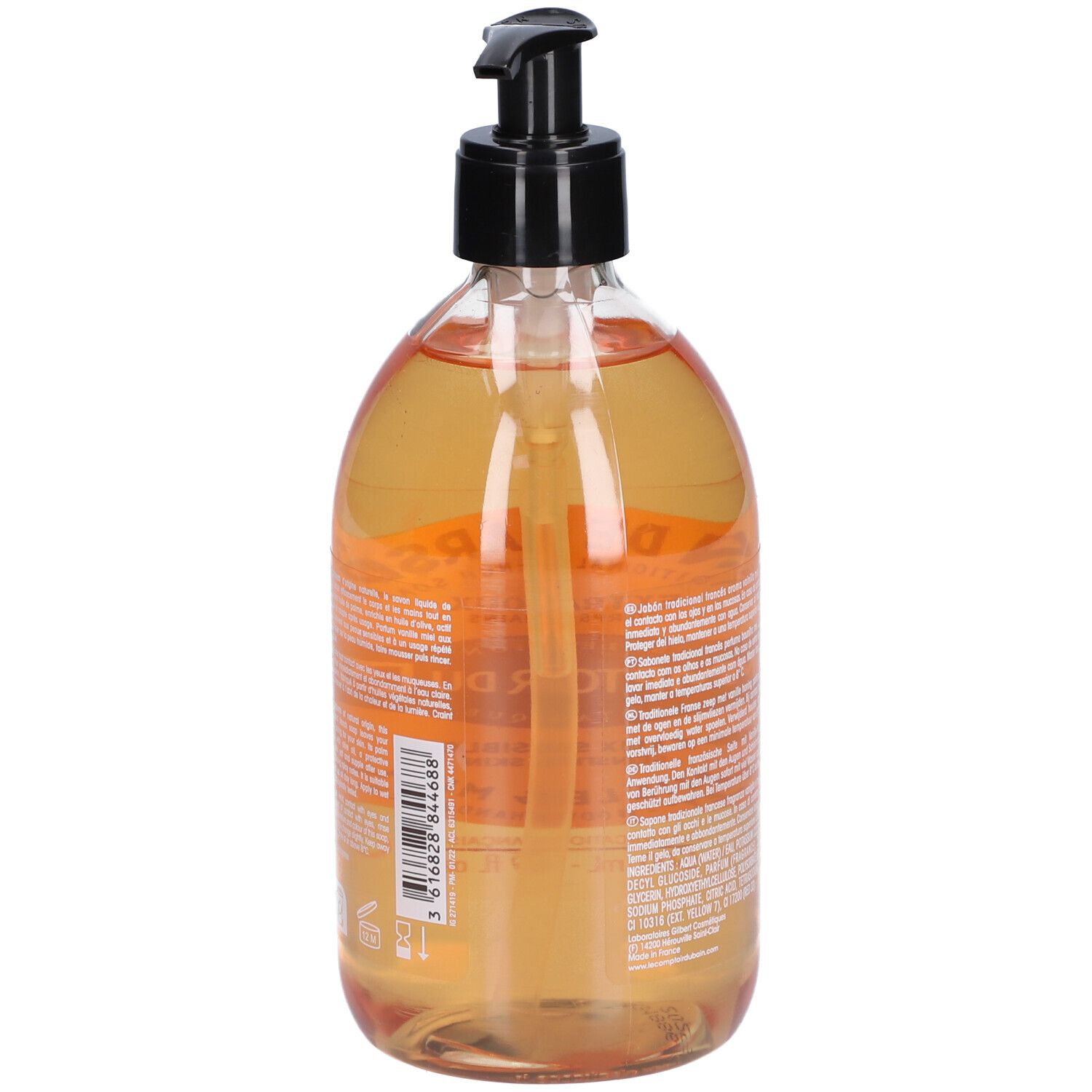 Orangefarbene Flüssigseife in durchsichtiger Pumpflasche mit schwarzem Spender.