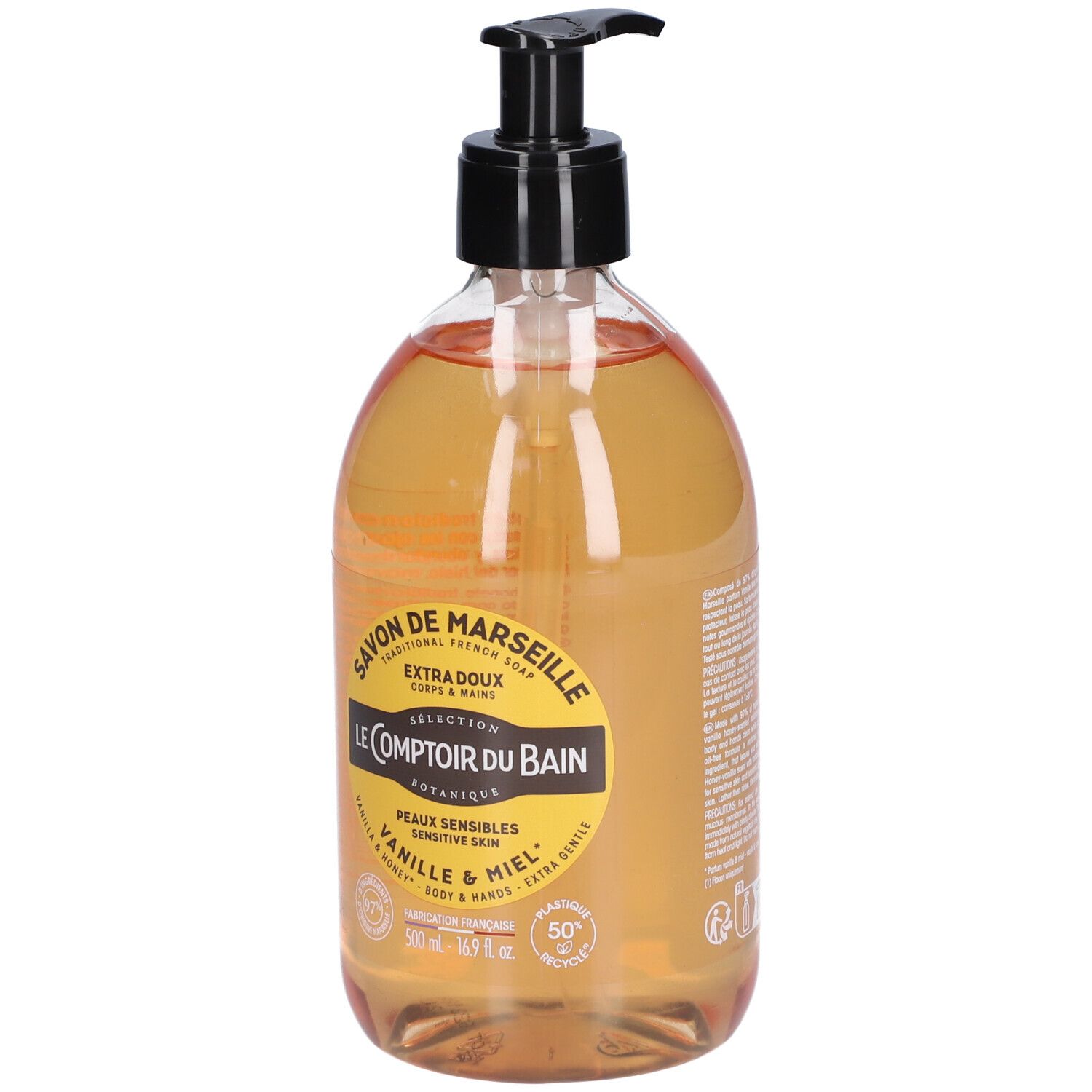 Flasche flüssige Seife mit Spenderpumpe, Le Comptoir du Bain, Vanille & Honig, 500ml.