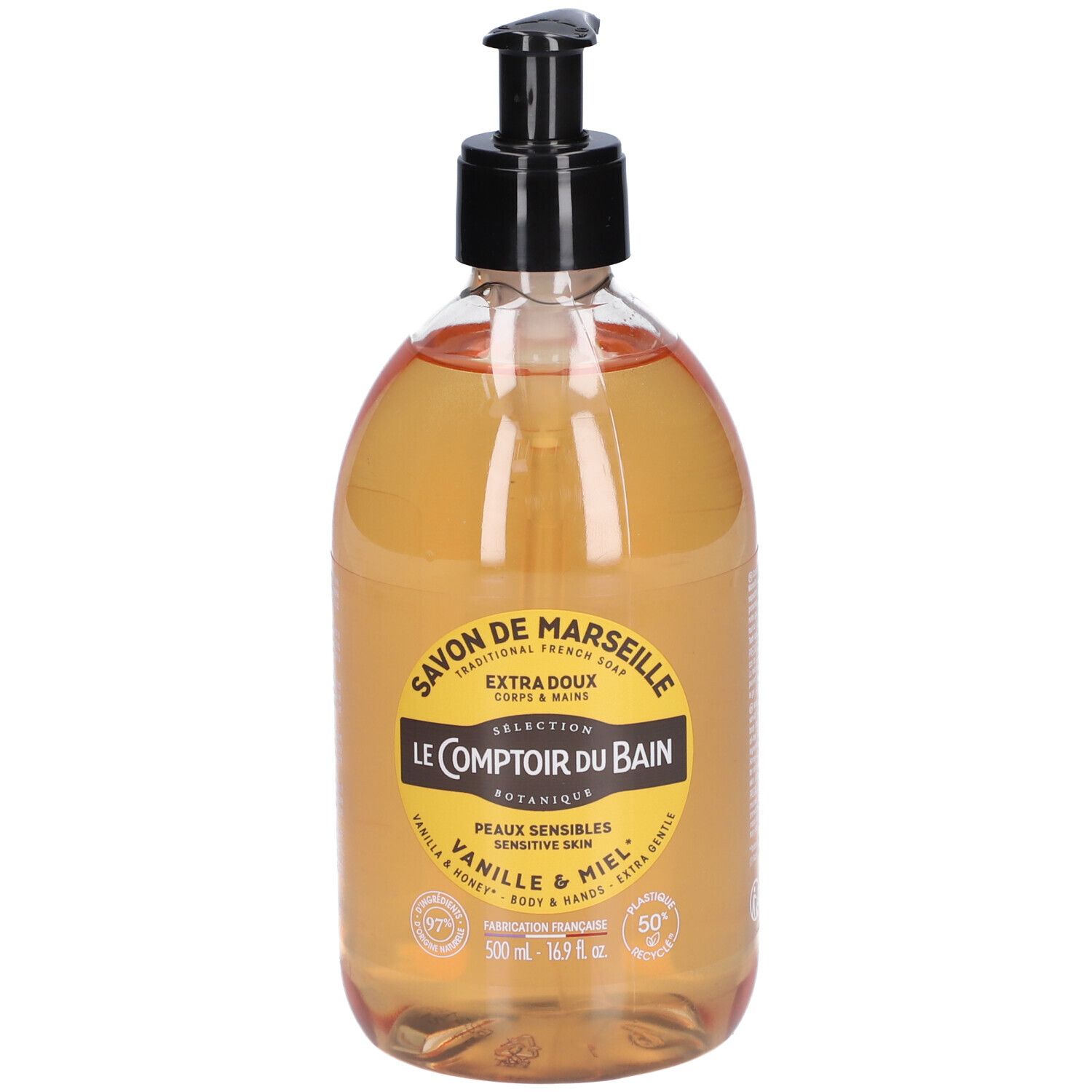 Flasche flüssige Seife mit Spender, Vanille & Honig Duft, 500ml.