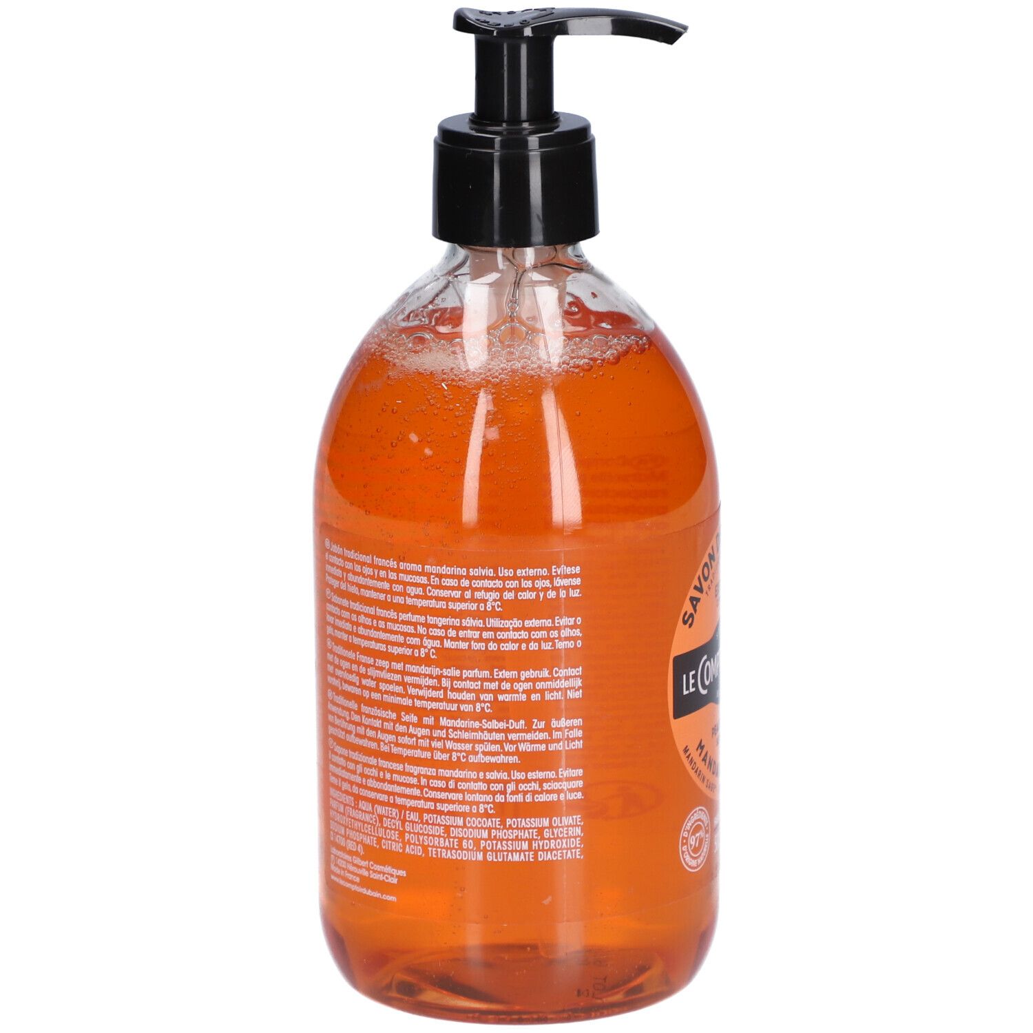 Orangefarbene Flüssigseife in durchsichtiger Pumpflasche mit schwarzem Spender.